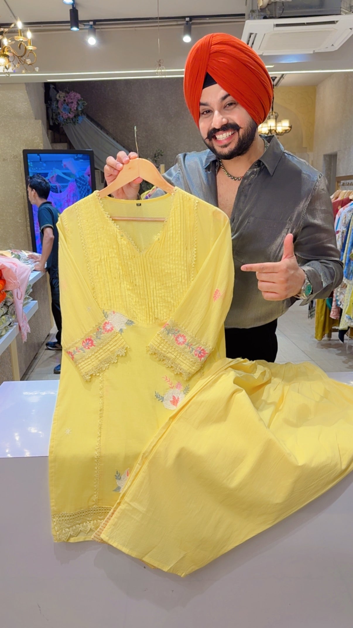 Lemon Yellow Mal Cotton Embroidered Semi Formal Coord set
