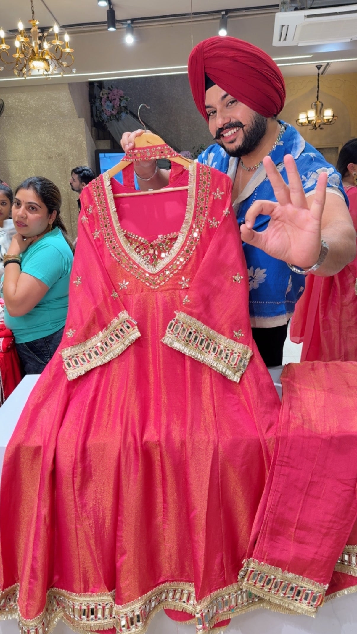 Hot pink Shimmer Slilk Mirror work Anarkali Suit with Heavy bustier & Necklace Duppata