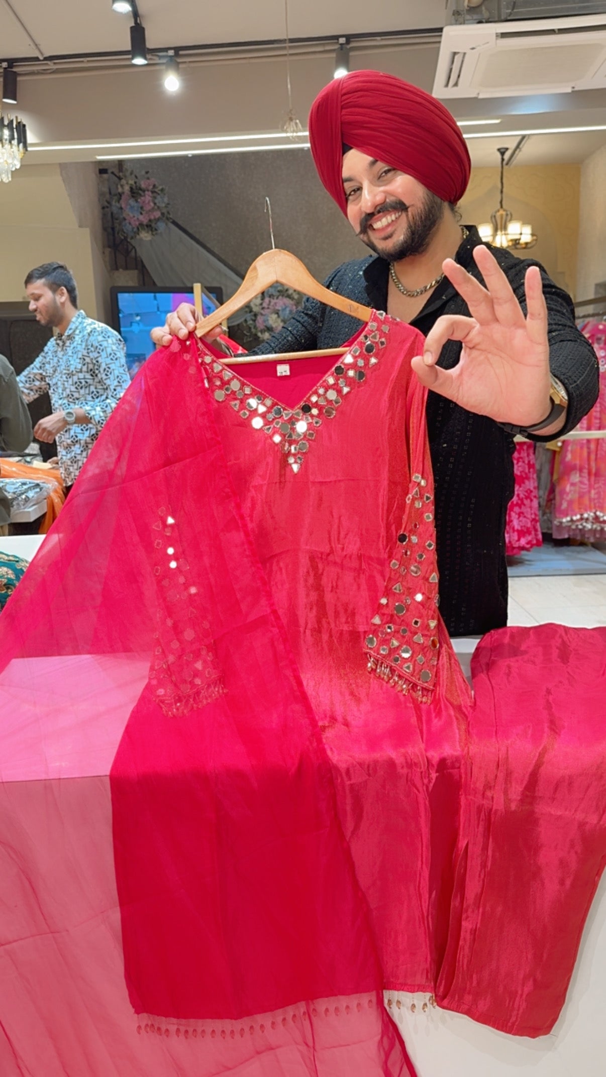 Hot Pink Shimmer Silk Party wear Straight Suit with Heavy Mirror Work on Neck & Sleeves