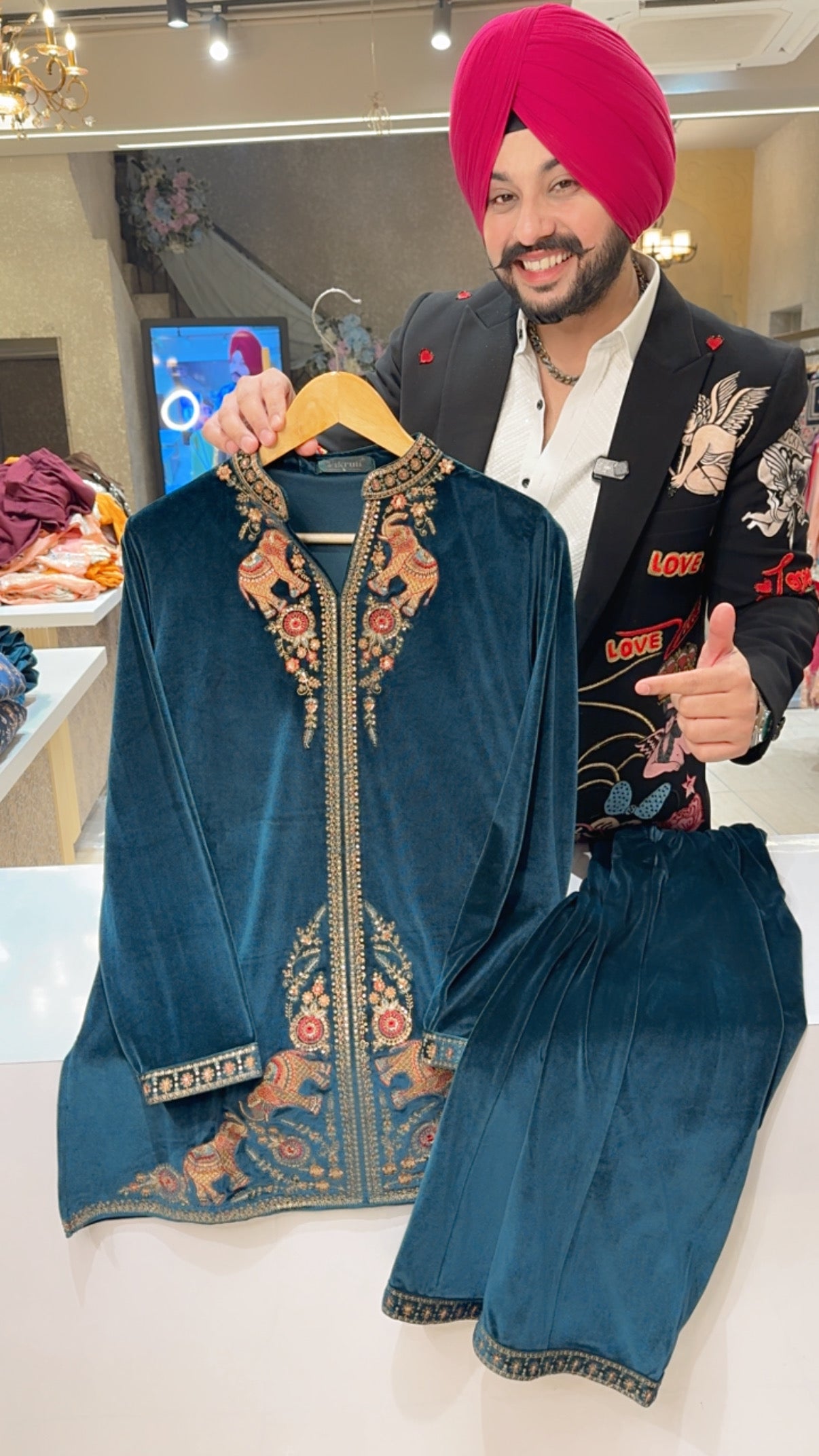 Peacock Premium Soft Velvet Heavy Embroidered Strechable Party wear Coord set