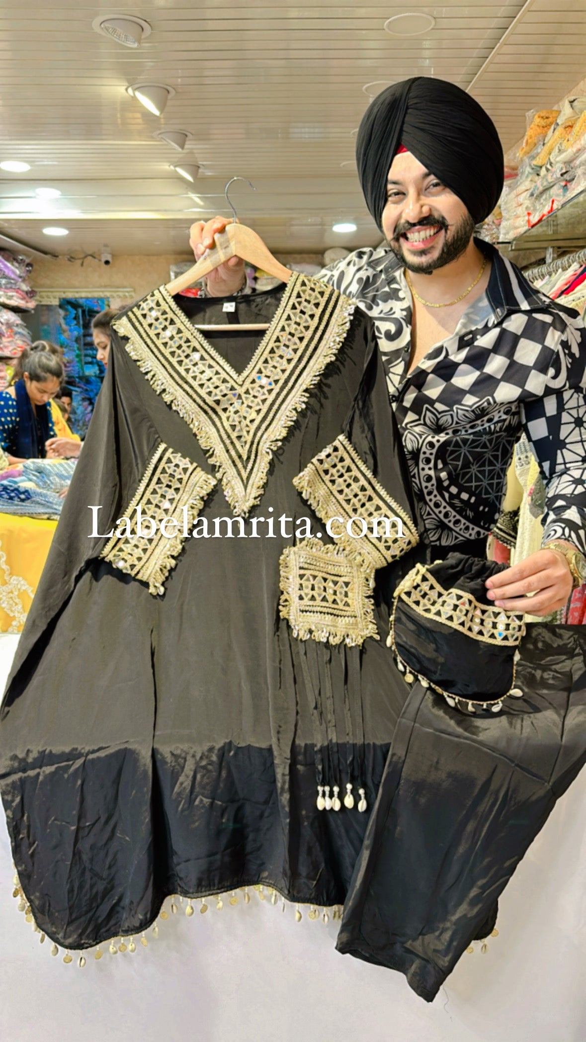 Black Crepe Heavy handwork Kaftan Coord set with Cute Potli