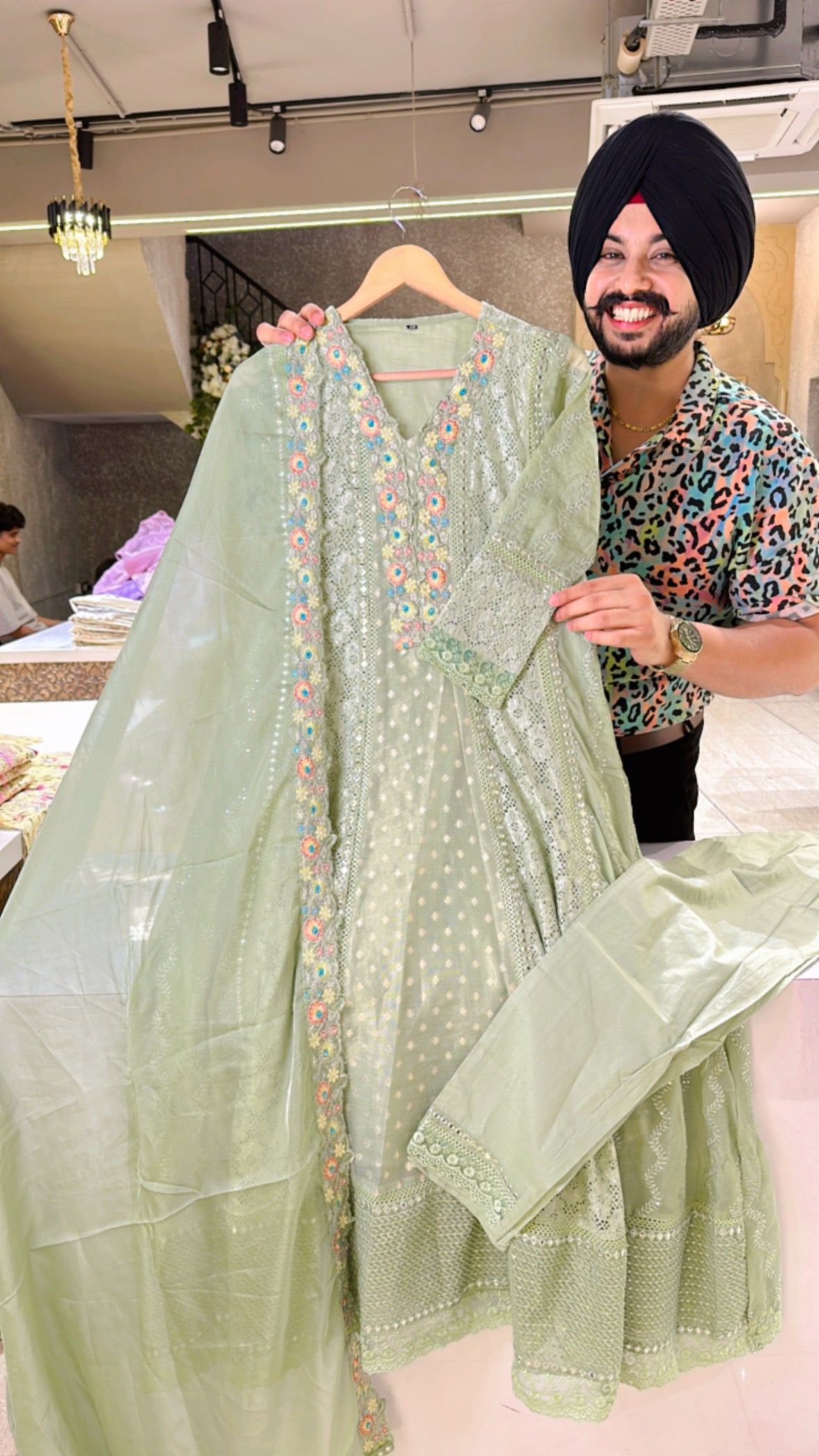 Light green Embroidered & crochet lace Anarkli Suit with Organza Duppata