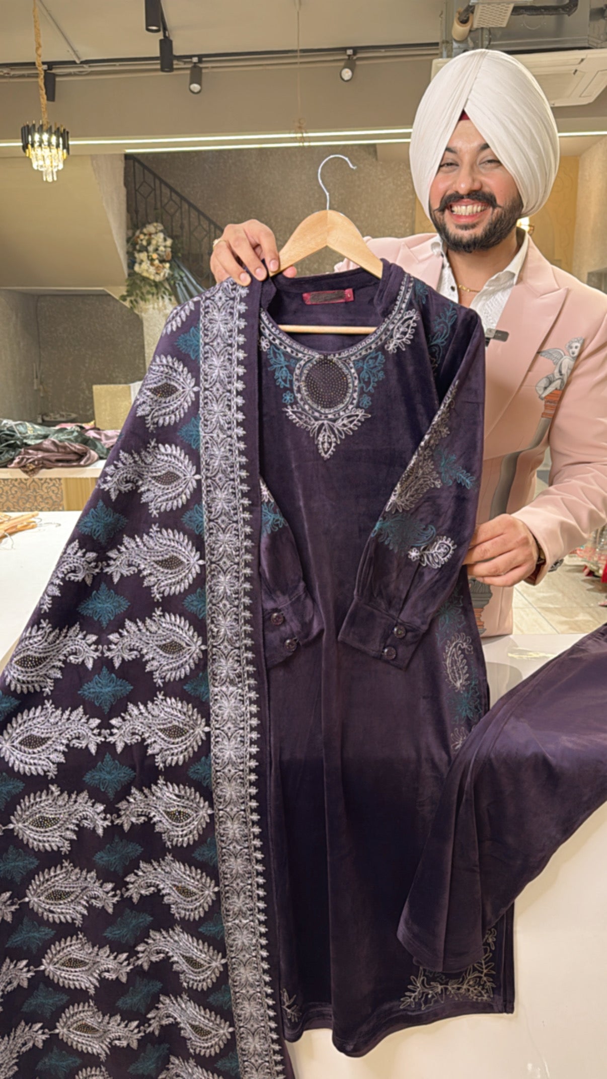 Dark purple heavy velvet Strechable Straight Suit with Heavy embroidered Duppata