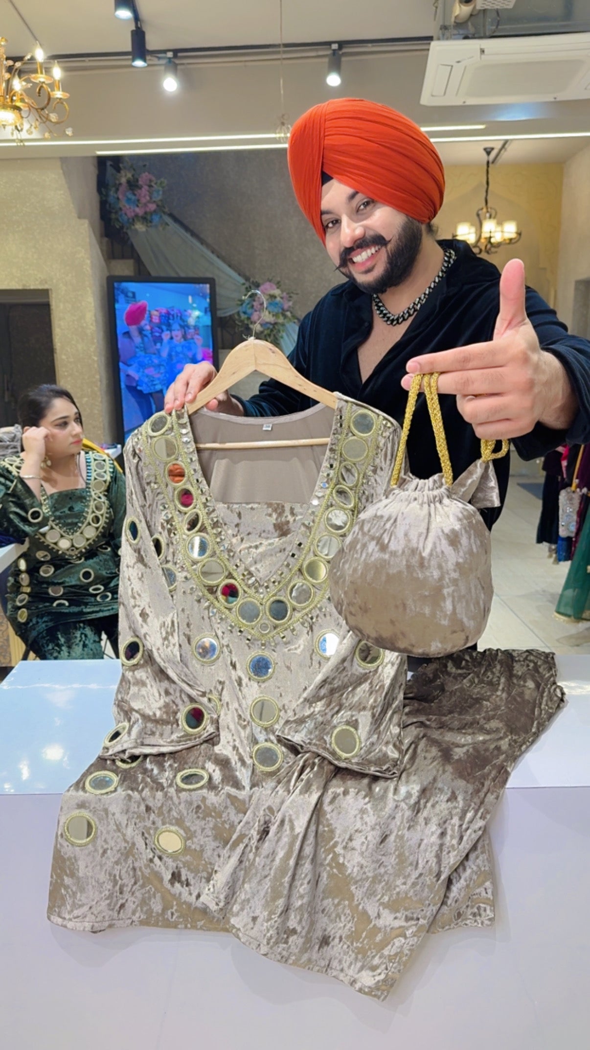 Nude Colour Stretchable Velvet Heavy Mirror work Paplum Coord set with Stylish Potli