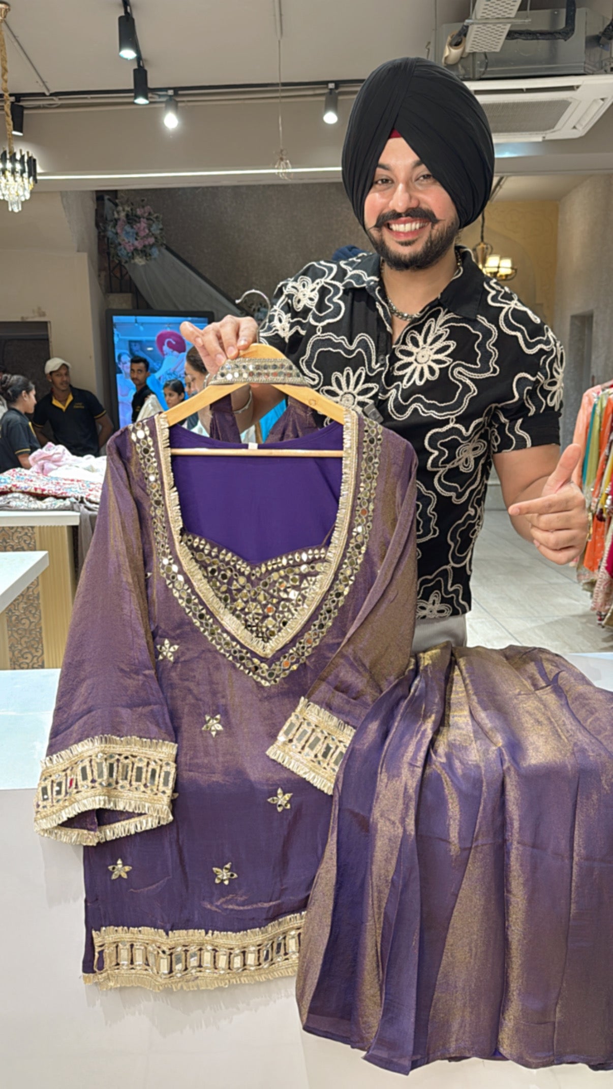Purple Shimmer Silk Tissue Designer Bell Bottom Sharara Coordset with Heavy mirror work on it & Bustier
