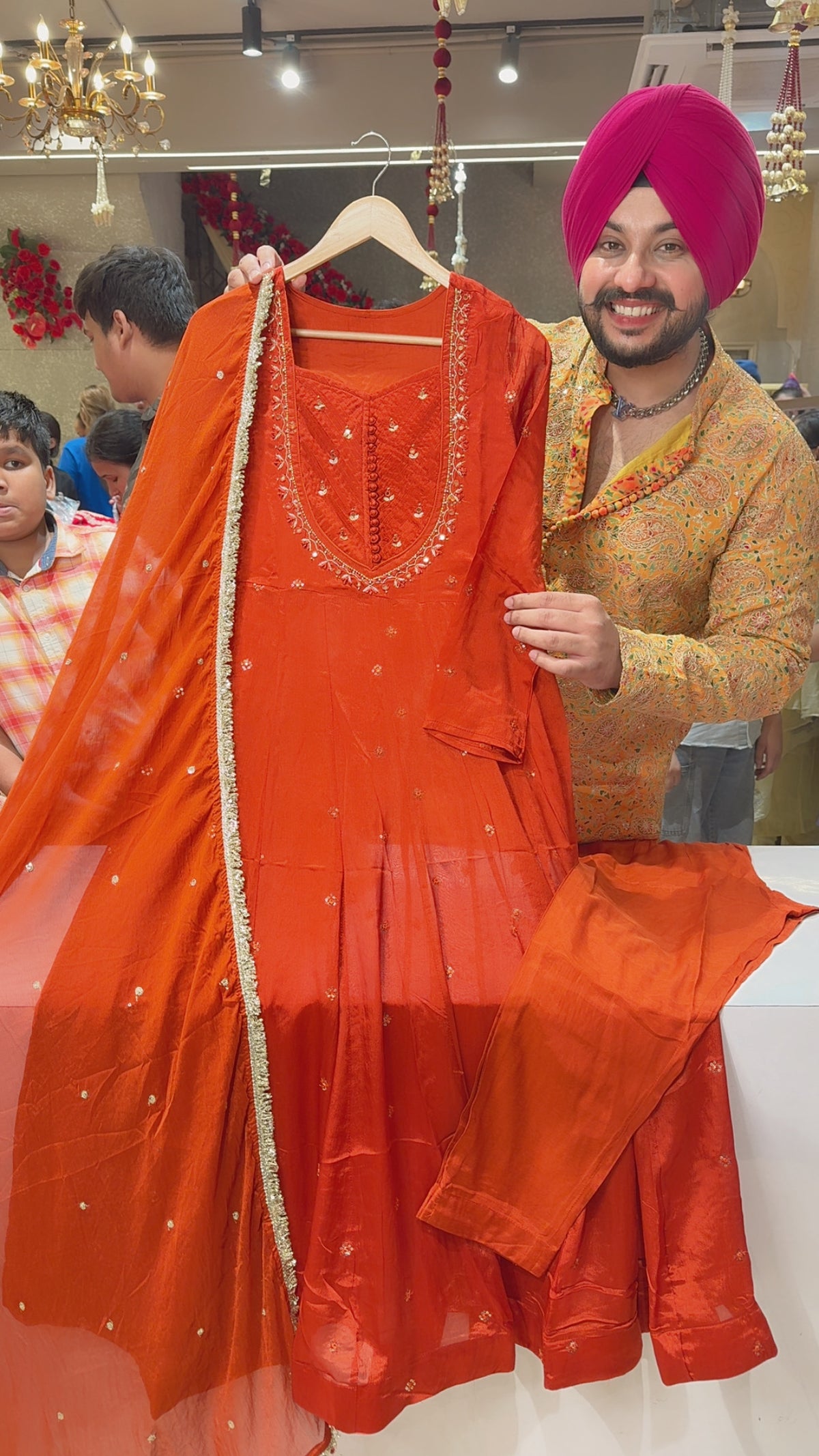 Rusty Orange Chinon Fully Sequins Work Anarkali Suit with Hand embroidery on Neck