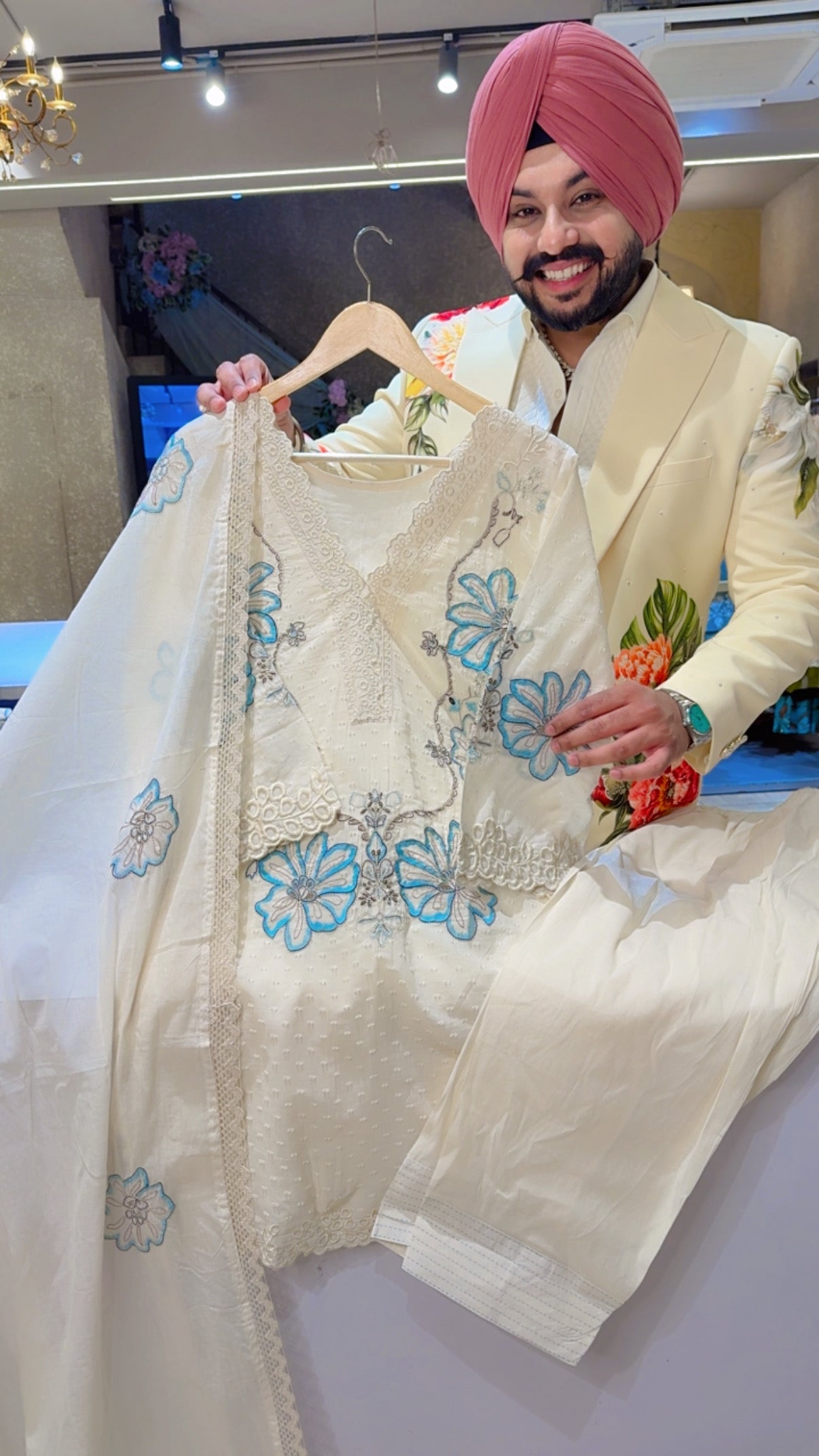 Off white & Firozi Kora Cotton Embroidered Kashmiri Salwar Suit
