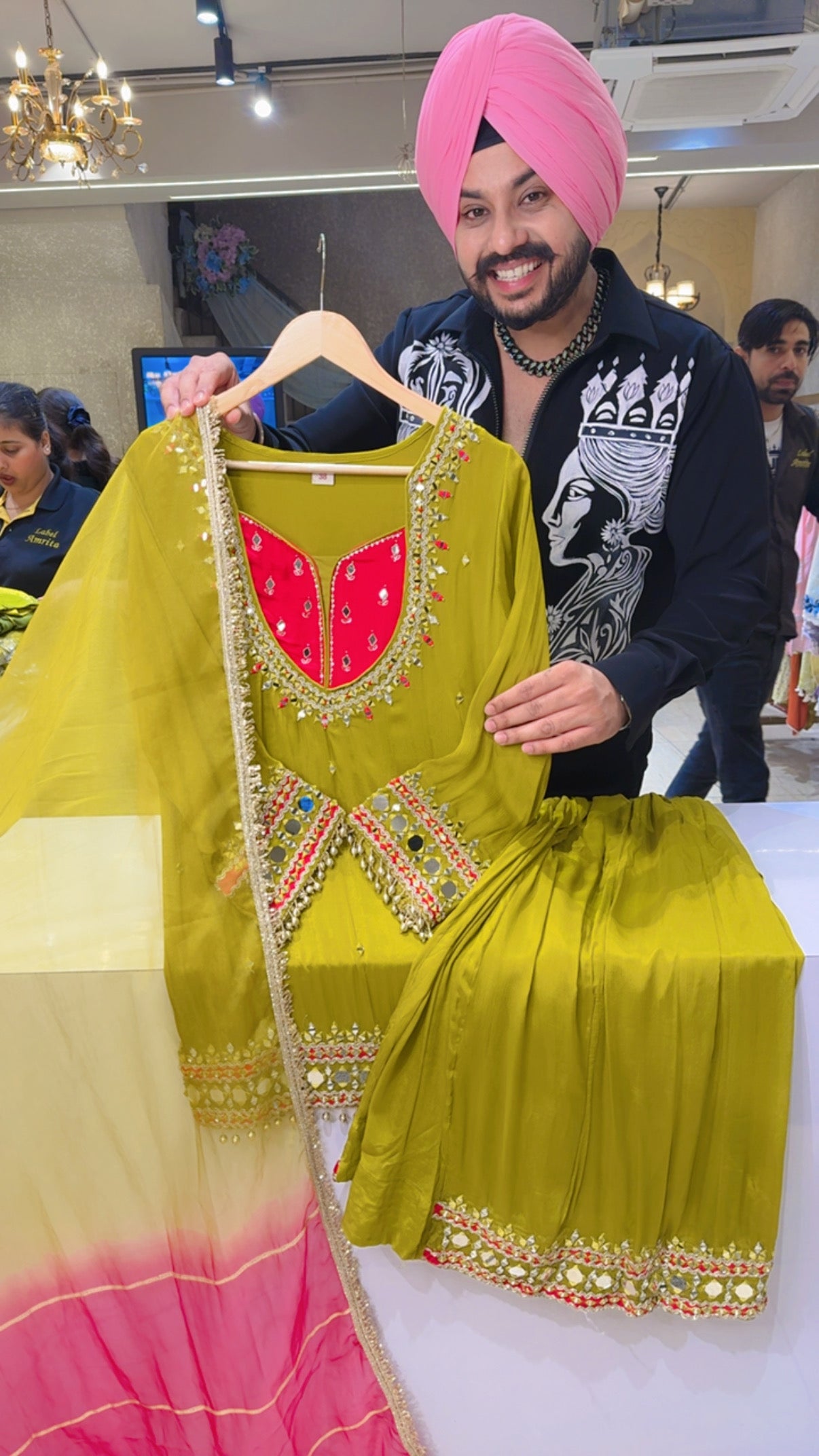 Mehendi Green Chinon Heavy Mirror Work Sharara Set