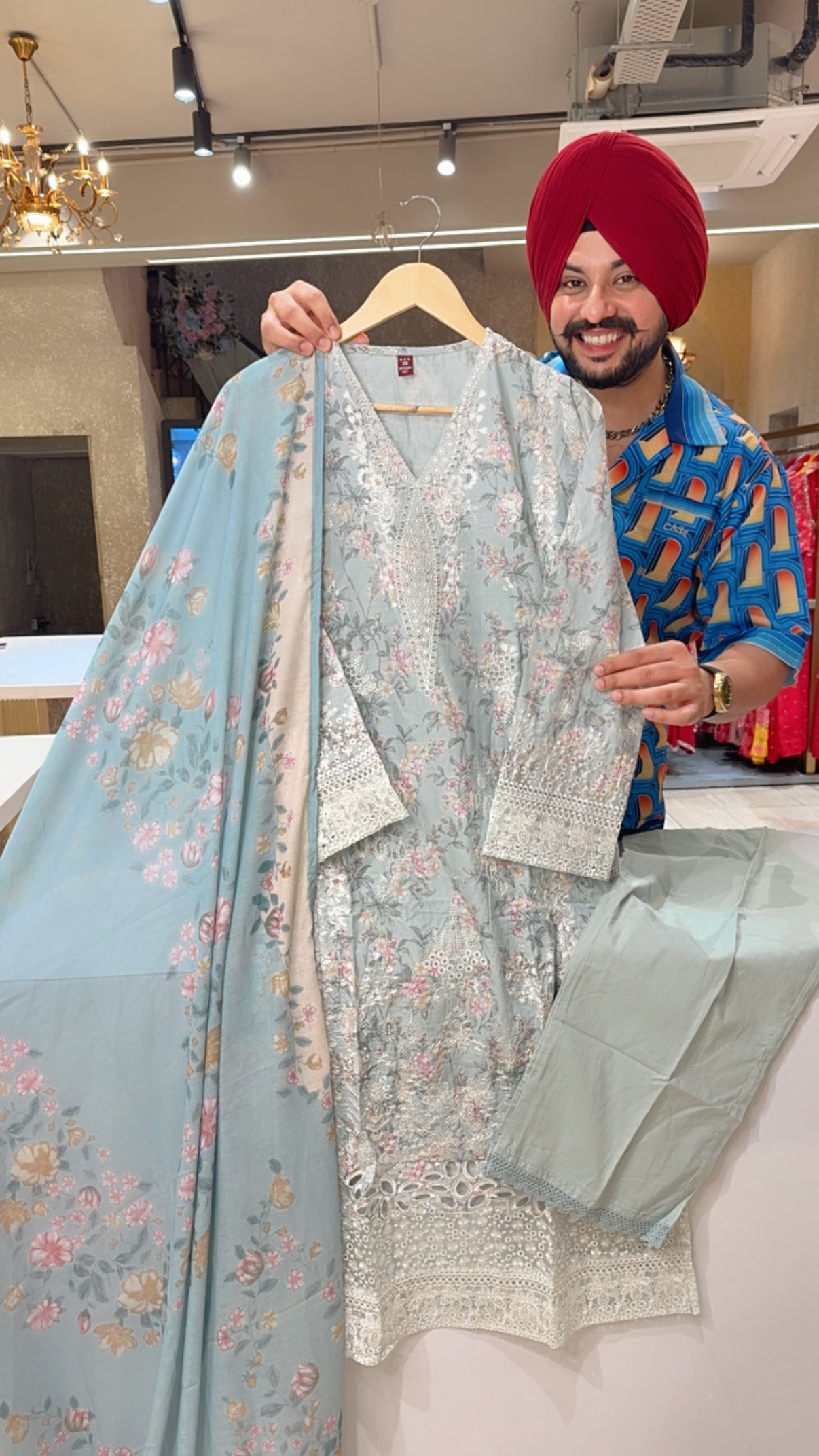 Light Sea Blue Pure Cotton Heavy embroidered & Cut Work Kashmiri Straight Suit with beautiful Duppata