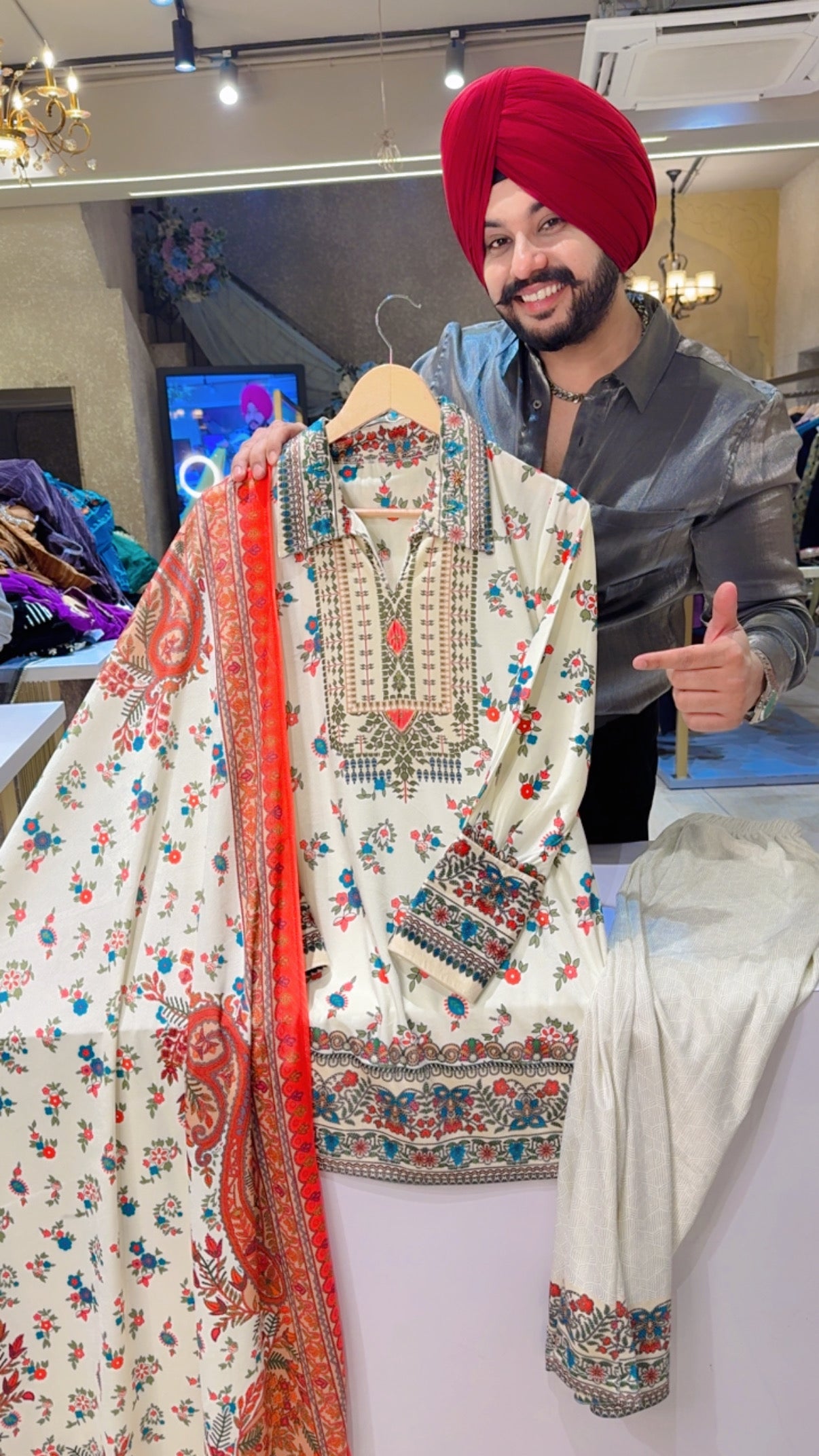 Moon White Strechable Collar Neck Floral Pront Indowestern Suit with Beautiful Velvet Duppata