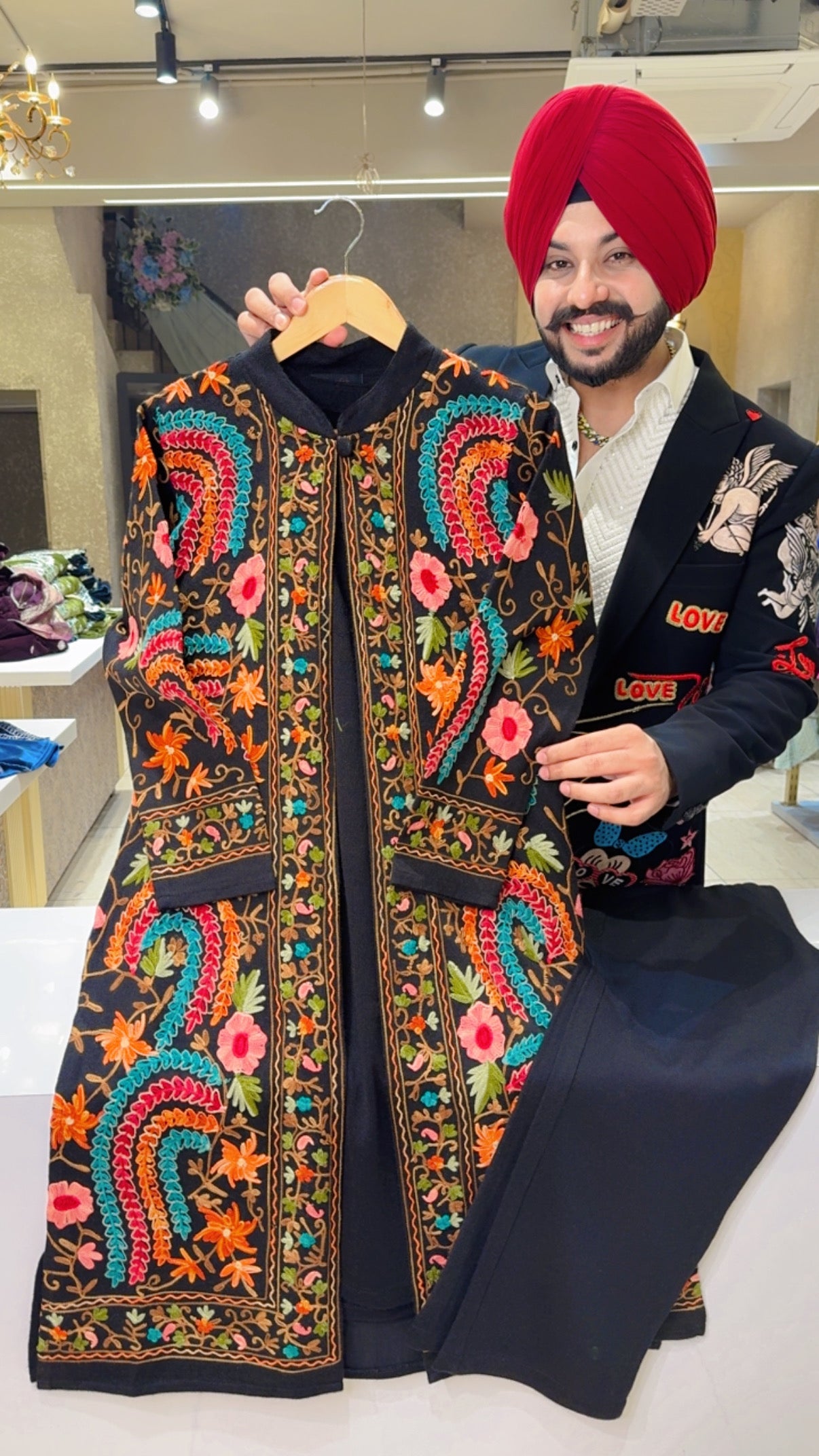 Black Woolen Long length Coord set With Heavy Kashmiri Embroidered Shrug