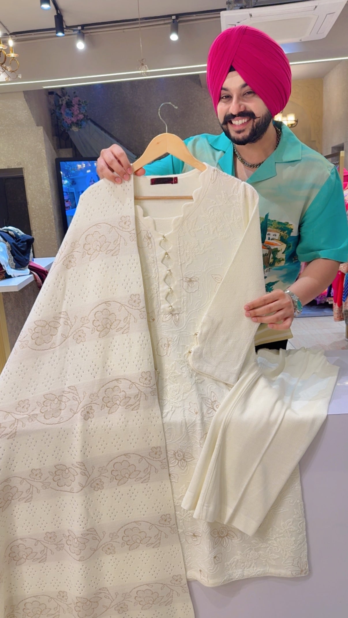 Off White Premium Woolen Heavy Self Embroidered party Wear Suit with Cutwork Woolen Duppata