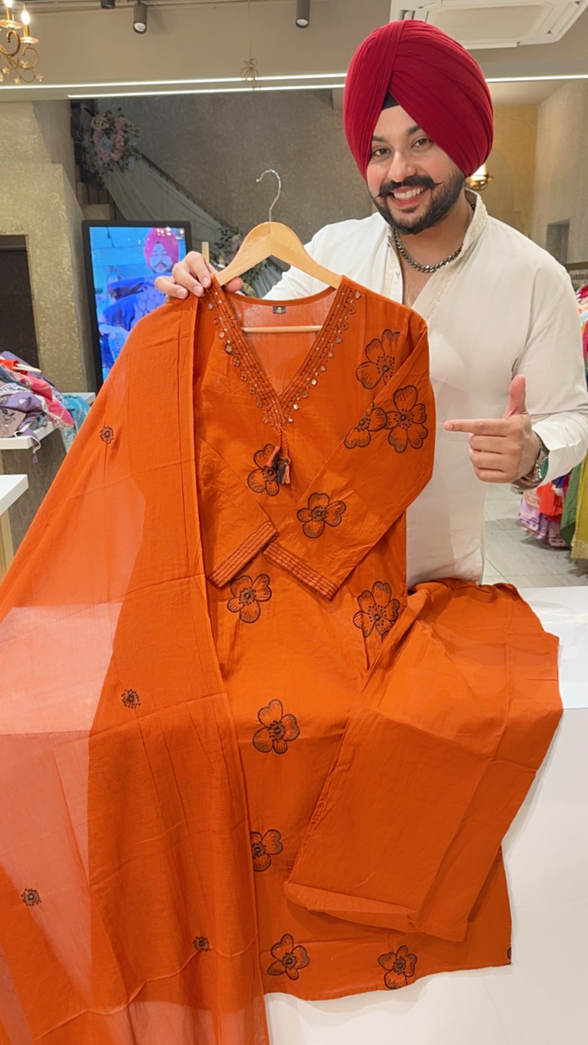 Rust Colour pure Cotton Fully Floral Embroidered Semiformal Straight Suit with Mal Cotton Duppata