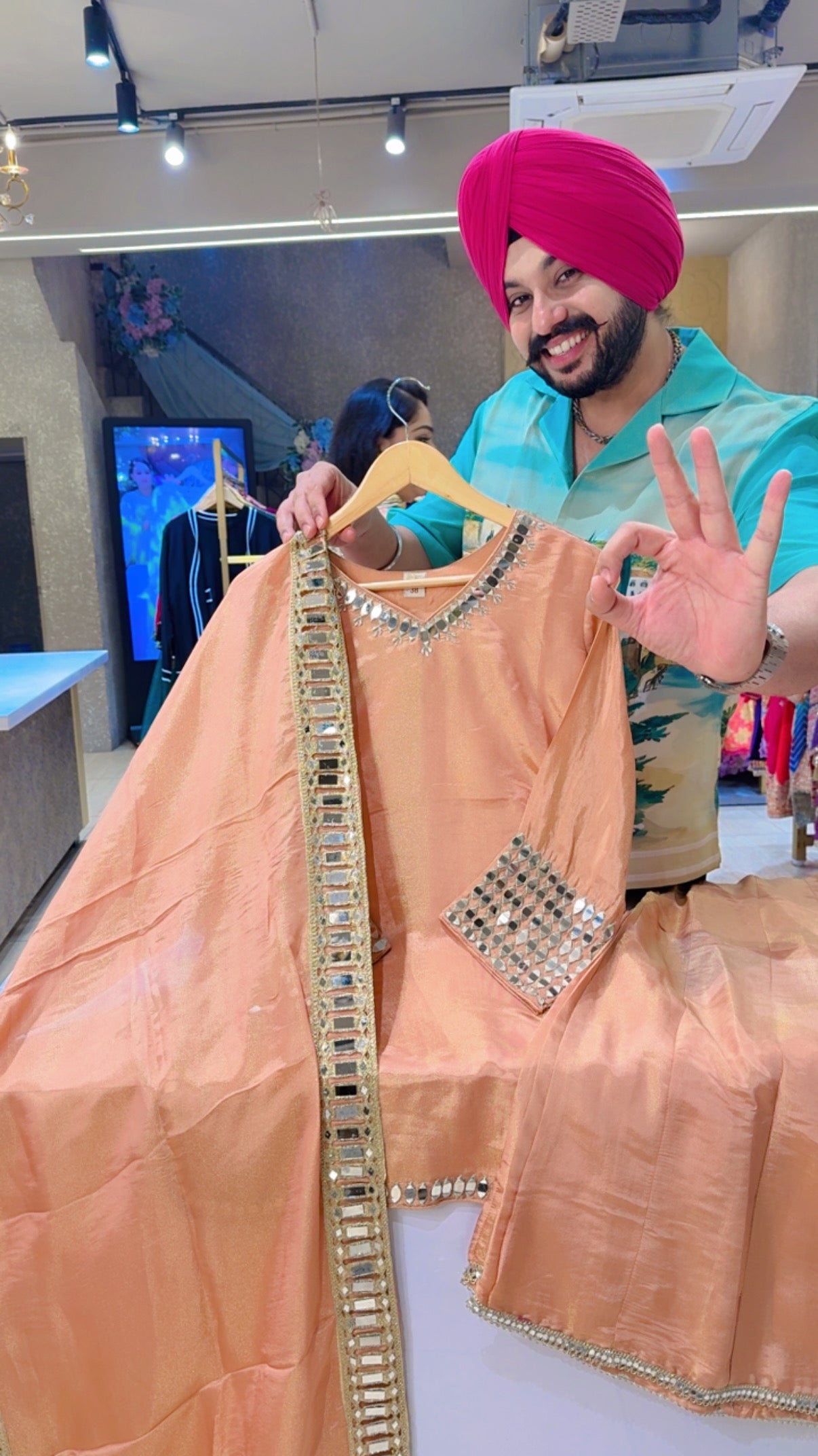 Peach Shimmer Silk Heavy mirror Work Apple cut Full Flair Sharara set with Heavy mirror work sleek Duppata