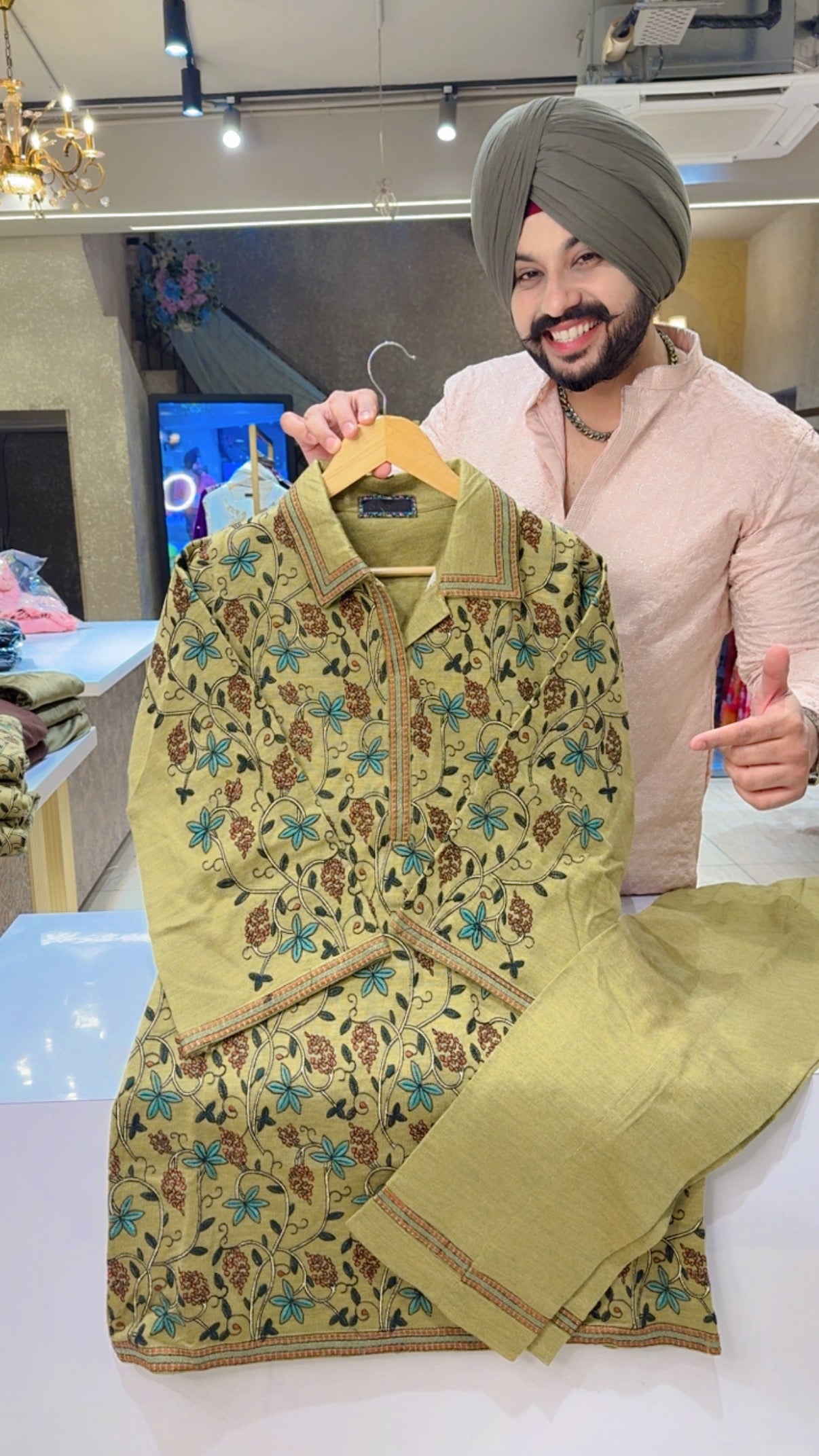 Light olive Premium Woolen Front & Back Heavy Embroidered Party Wear Coord set