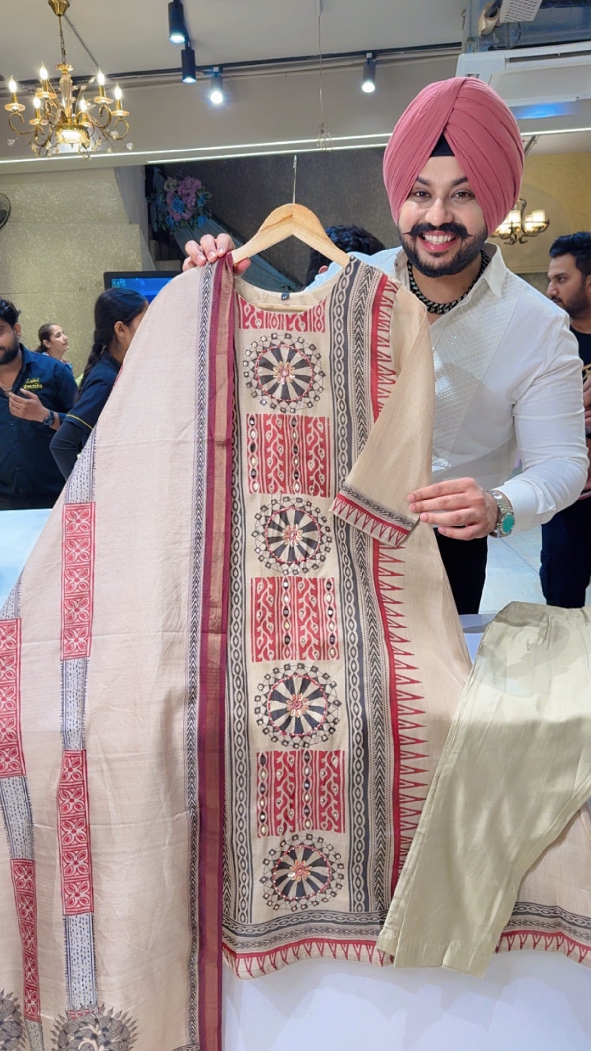 Goldenish Beige Tasser Silk A-line Party wear Suit with Beautiful Hand Embroidery Work on neck