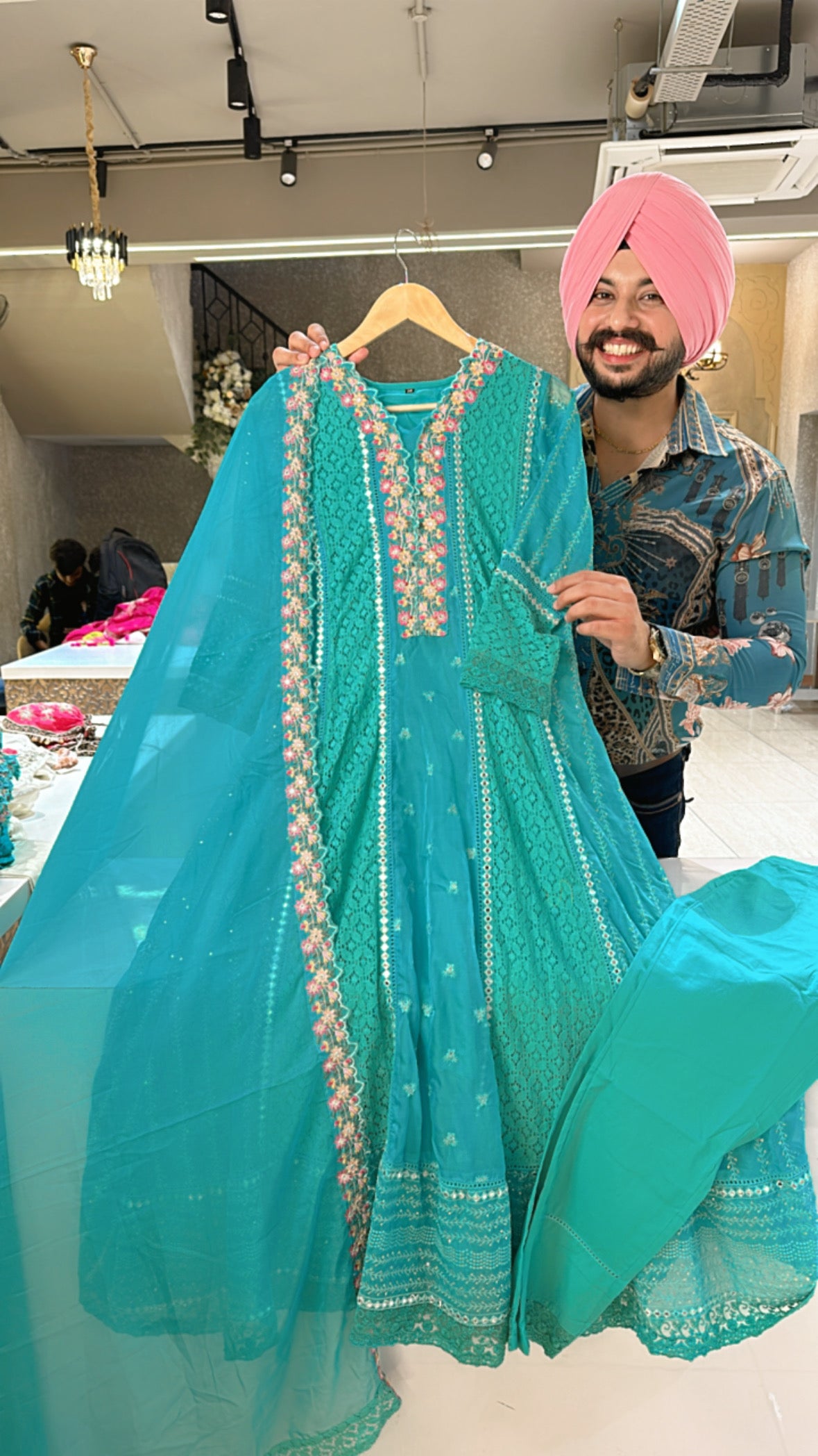 Sea green Crochet & organza Anarkali Suit with Beautiful organza Duppata