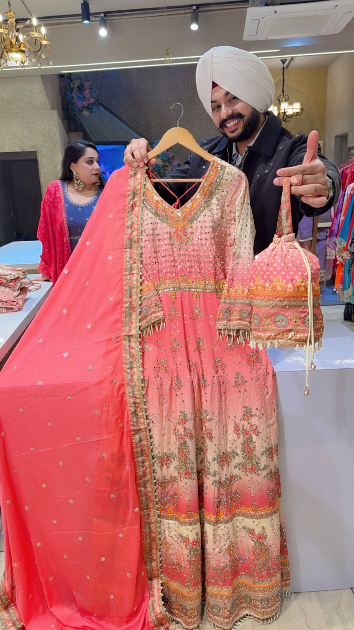 Peachish Pink Crepe Heavy Embroidered & Mirror Pasting Party Wear Anarkali Gown With Sequins work Chinon Duppata & Cute Potli