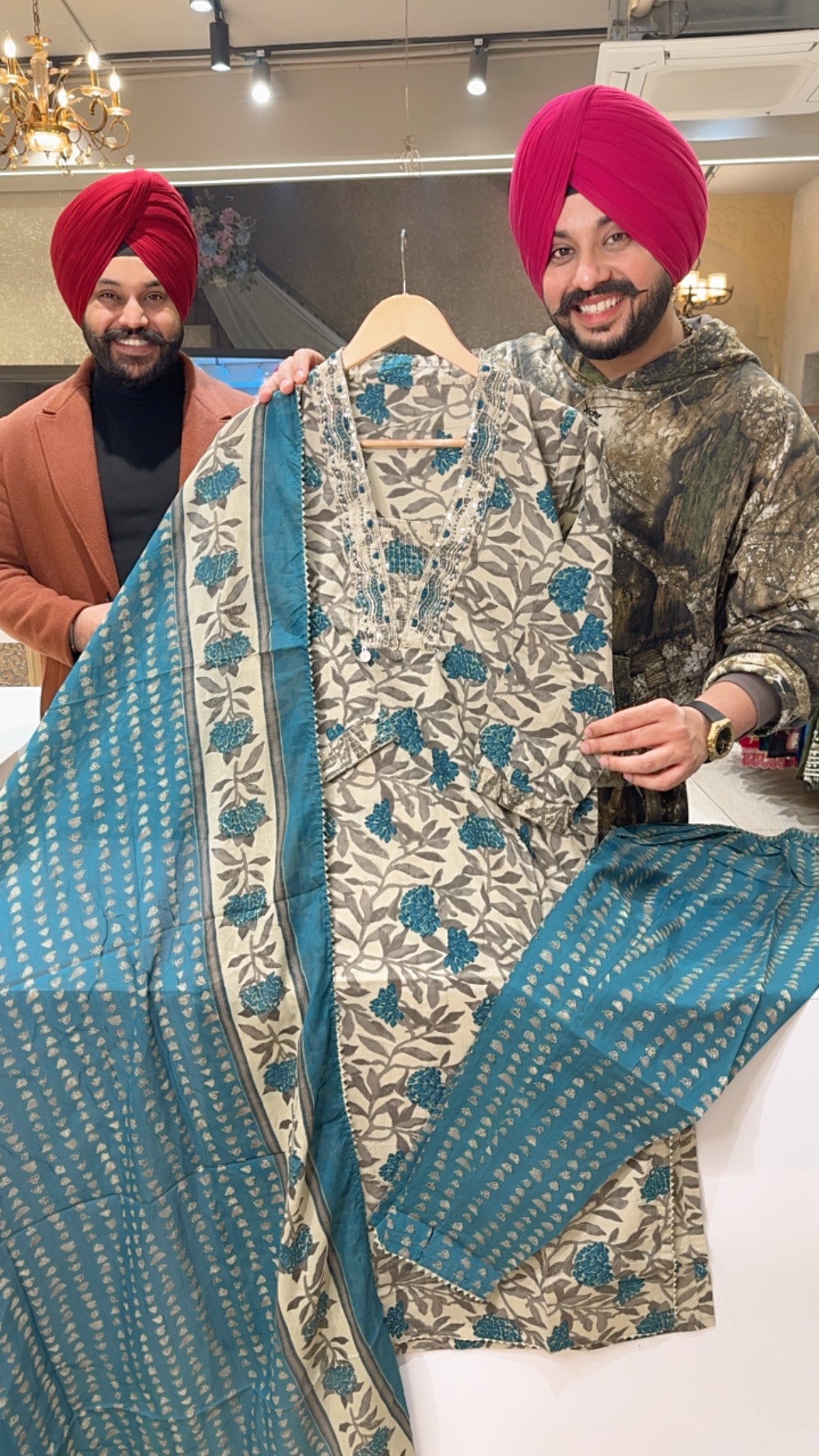 Beige & Rama Green Pure Cotton Office Wear Suit with Sleek Hand embroidery Work on Neck