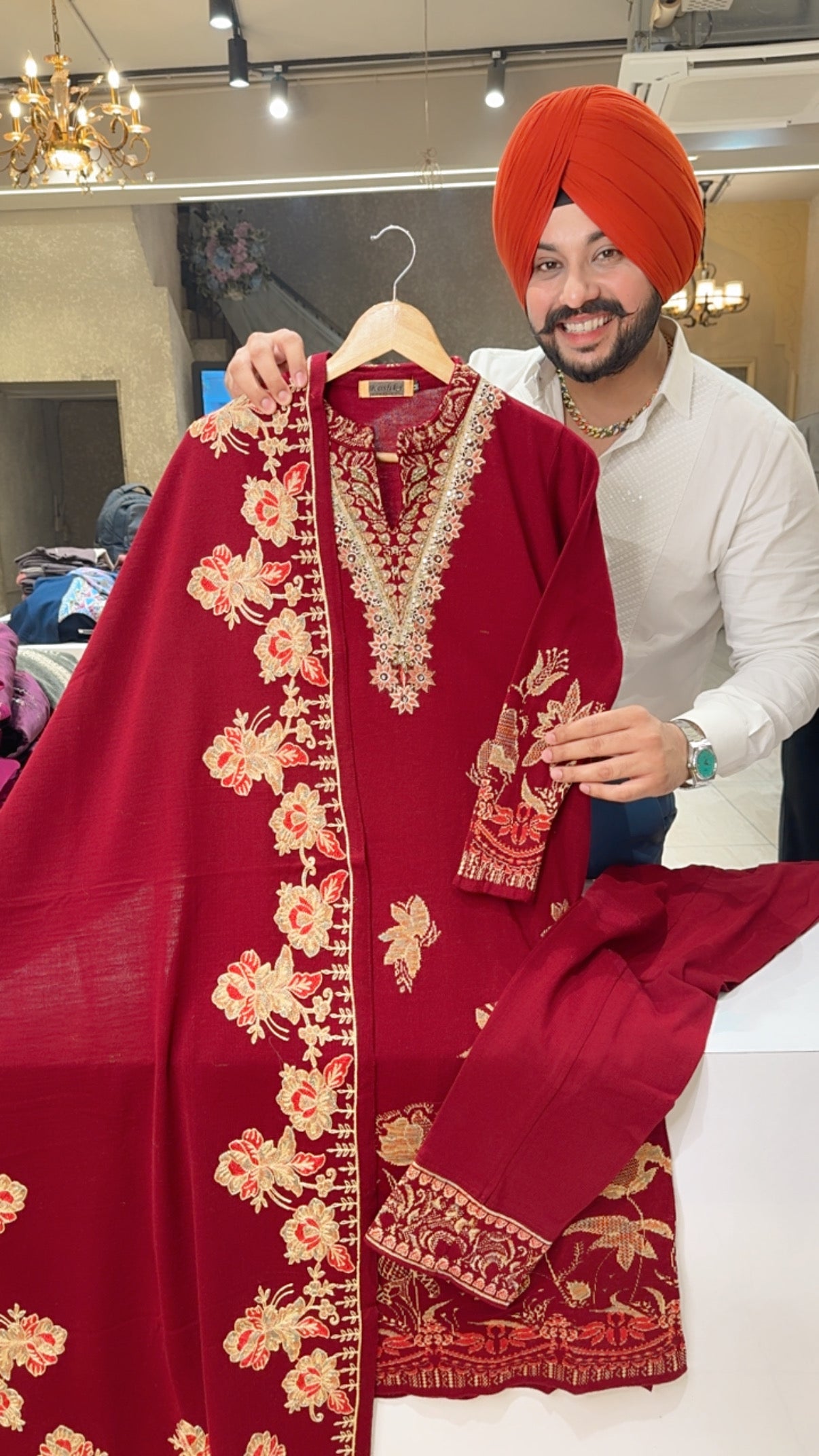 Reddish Maroon Woolen Party Wear Straight Suit with Beautiful Embroidered Duppata