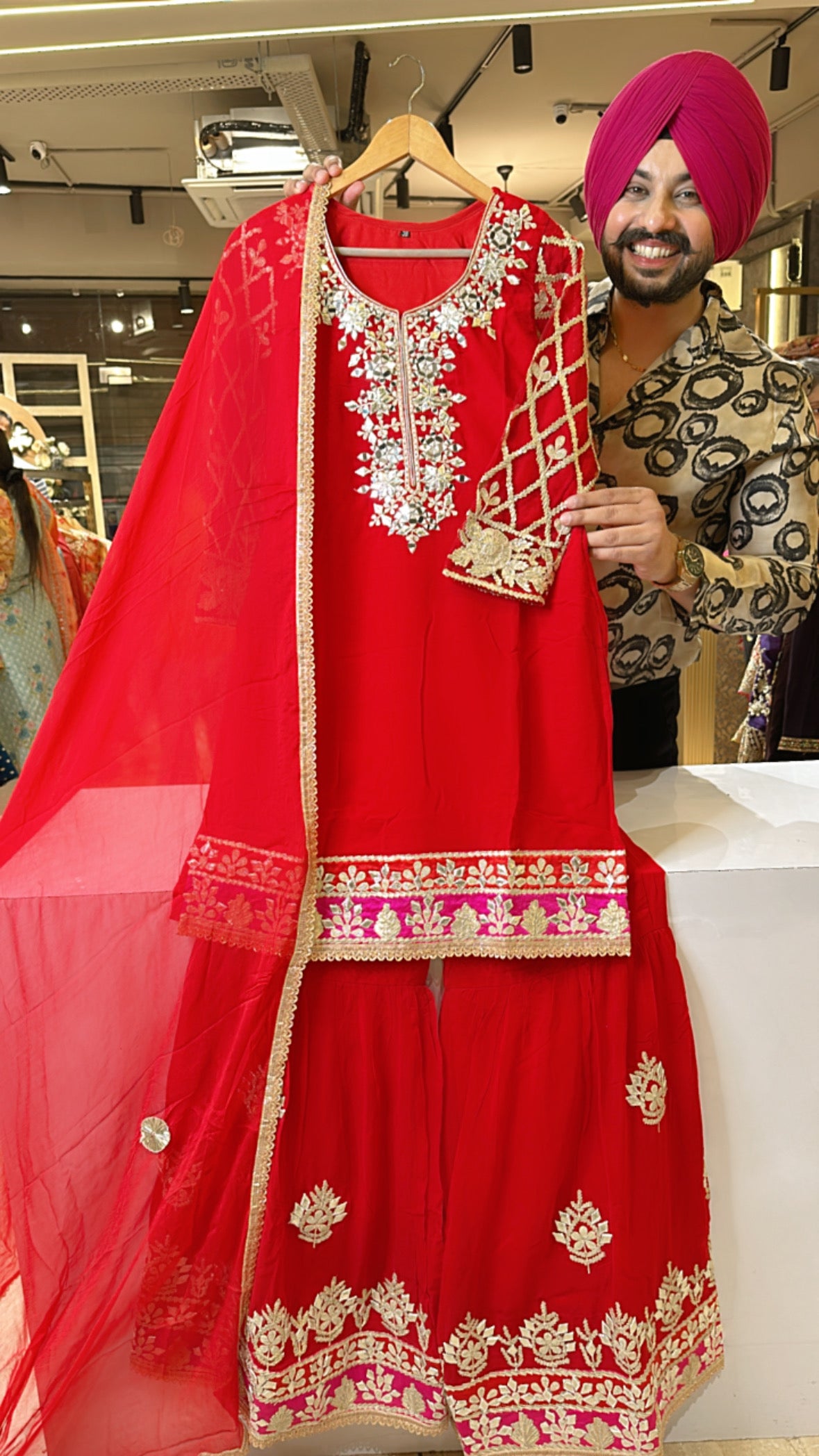 Vibrant Red Georgette Embroidered Garara set with Heavy gotta work on Sleeves & Garara