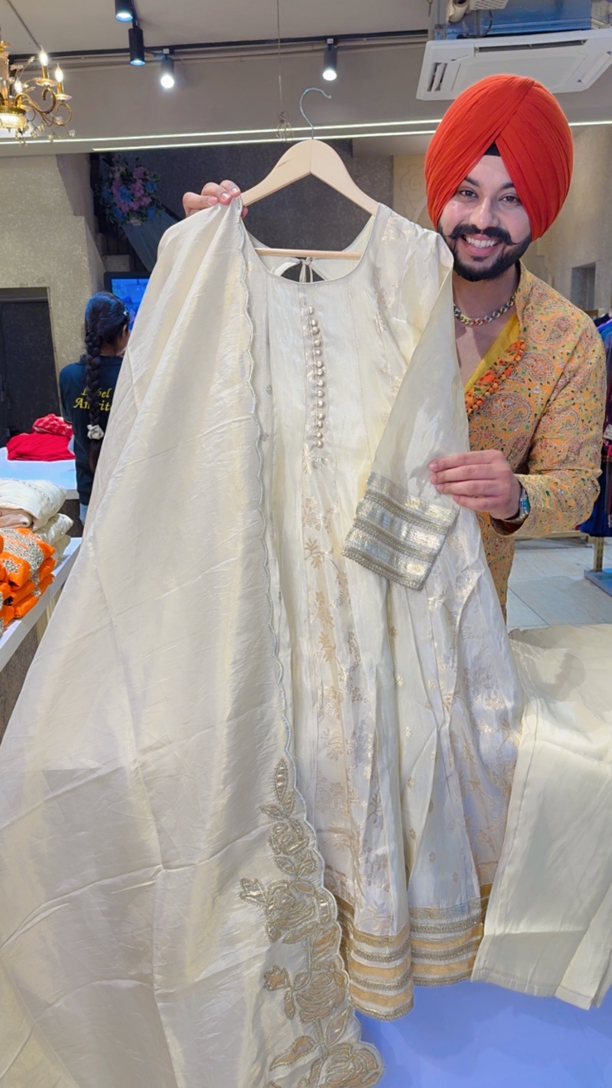 Ivory Colour Chanderi & Shimmer Silk Semi Backless Anarkali Suit with Beautiful Embroidered Duppata