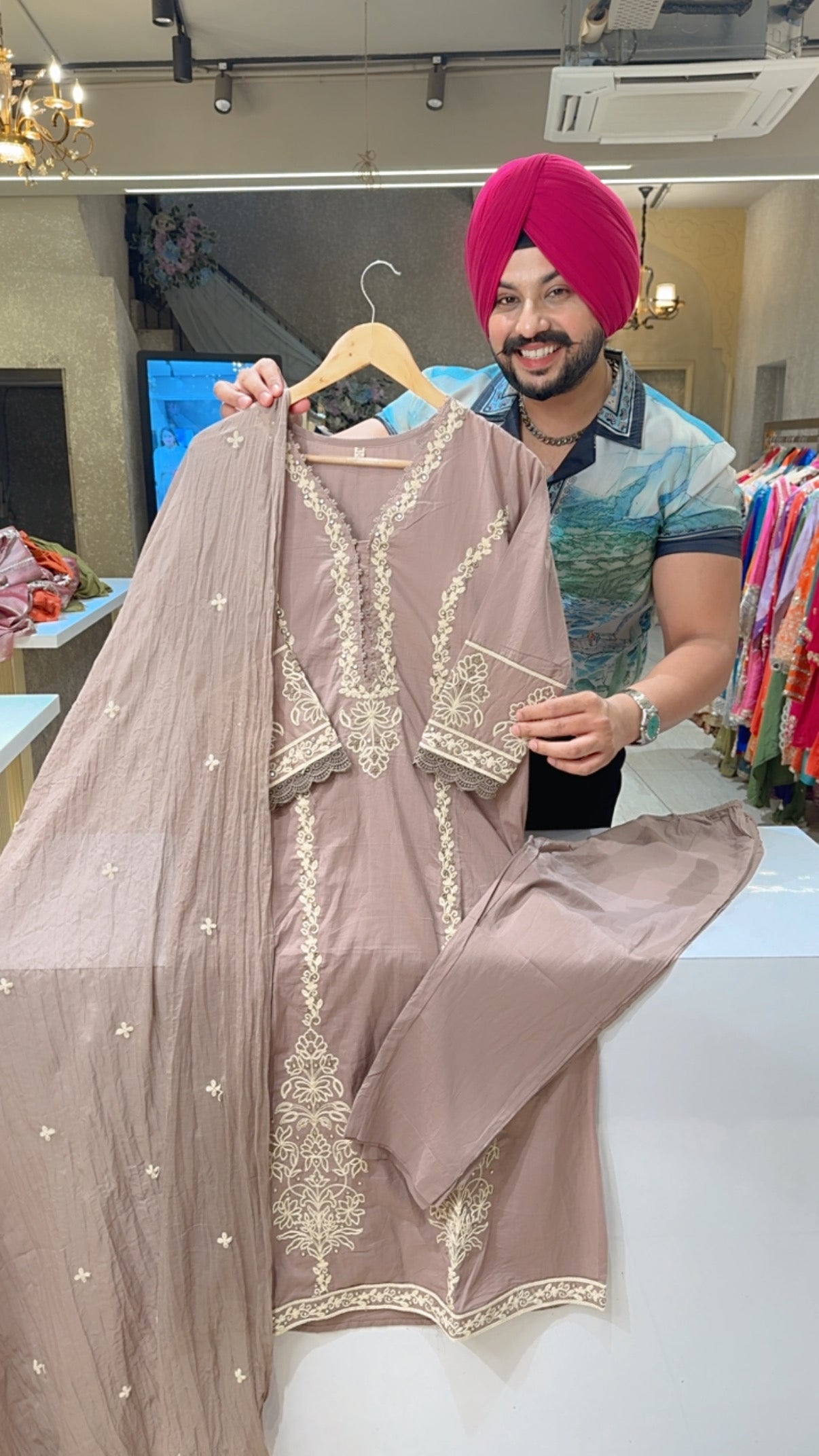 English light Brown Pure Cotton Fully embroidered Suit with Mal Cotton Crush Duppata