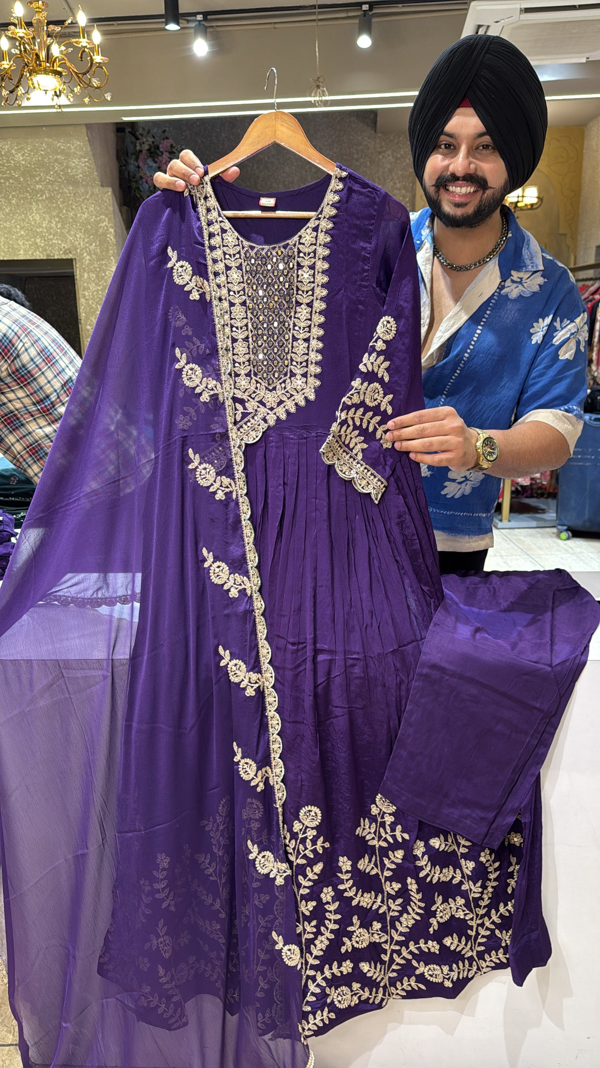 Dark Purple Chinon Embroidered Full flair Party Wear Anarkali suit with Beautiful Duppata