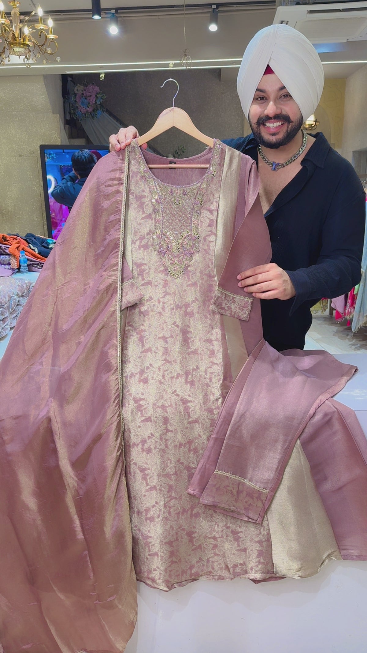 Onion Pink Brocade Silk Party Wear Anarkali Suit with Beautiful hand embroidery Work on Neck