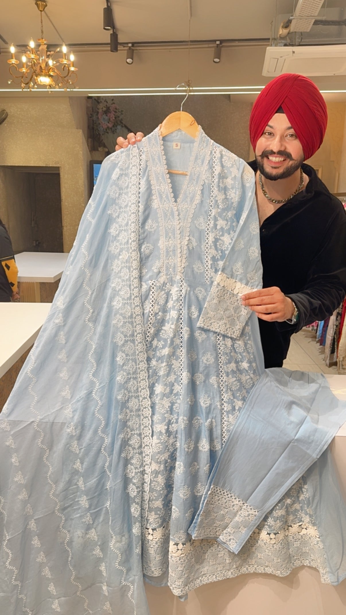 Powder Blue Mal Cotton Fully Embroidered Anarkali Suut with Embroidered Mal Cotton Duppata