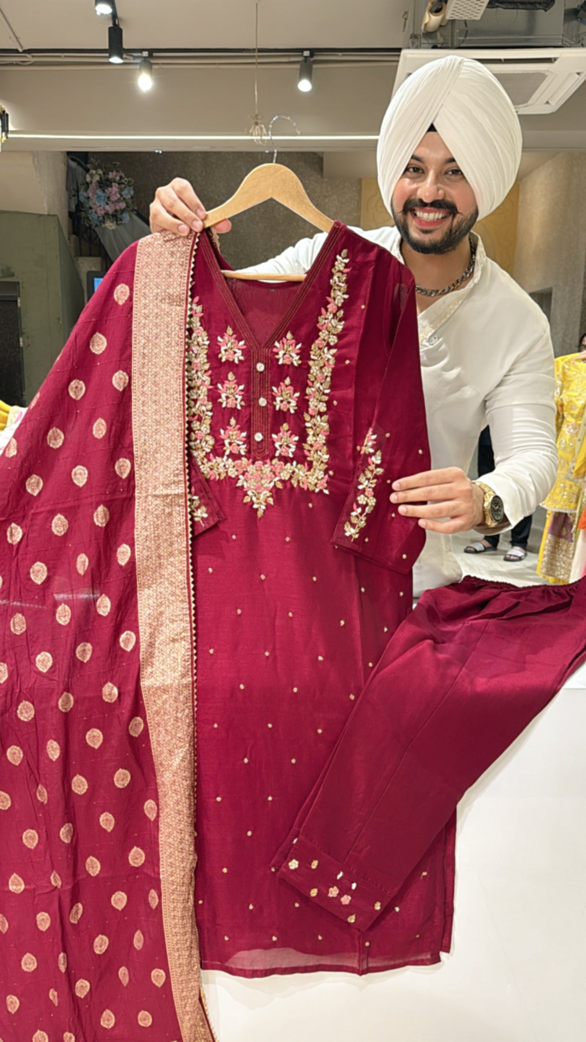 Maroon Chinon Heavy Hand embroidered Straight Suit With Beautiful Banarasi Look Duppata