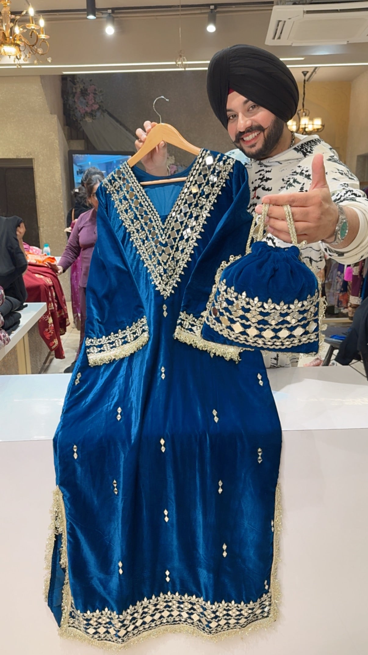 Teel Blue Velvet Mirror & Gotta Kashmiri Straight side Slit Dress with Potli