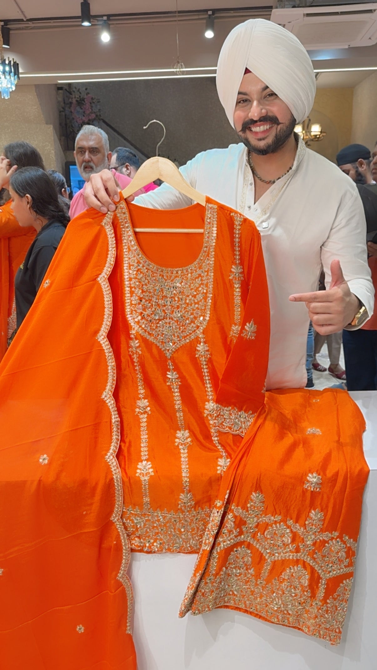 Vibrant Orange Chinon Heavy Embroidered & Mirror Pasting Bell Bottom Indowestern Suit