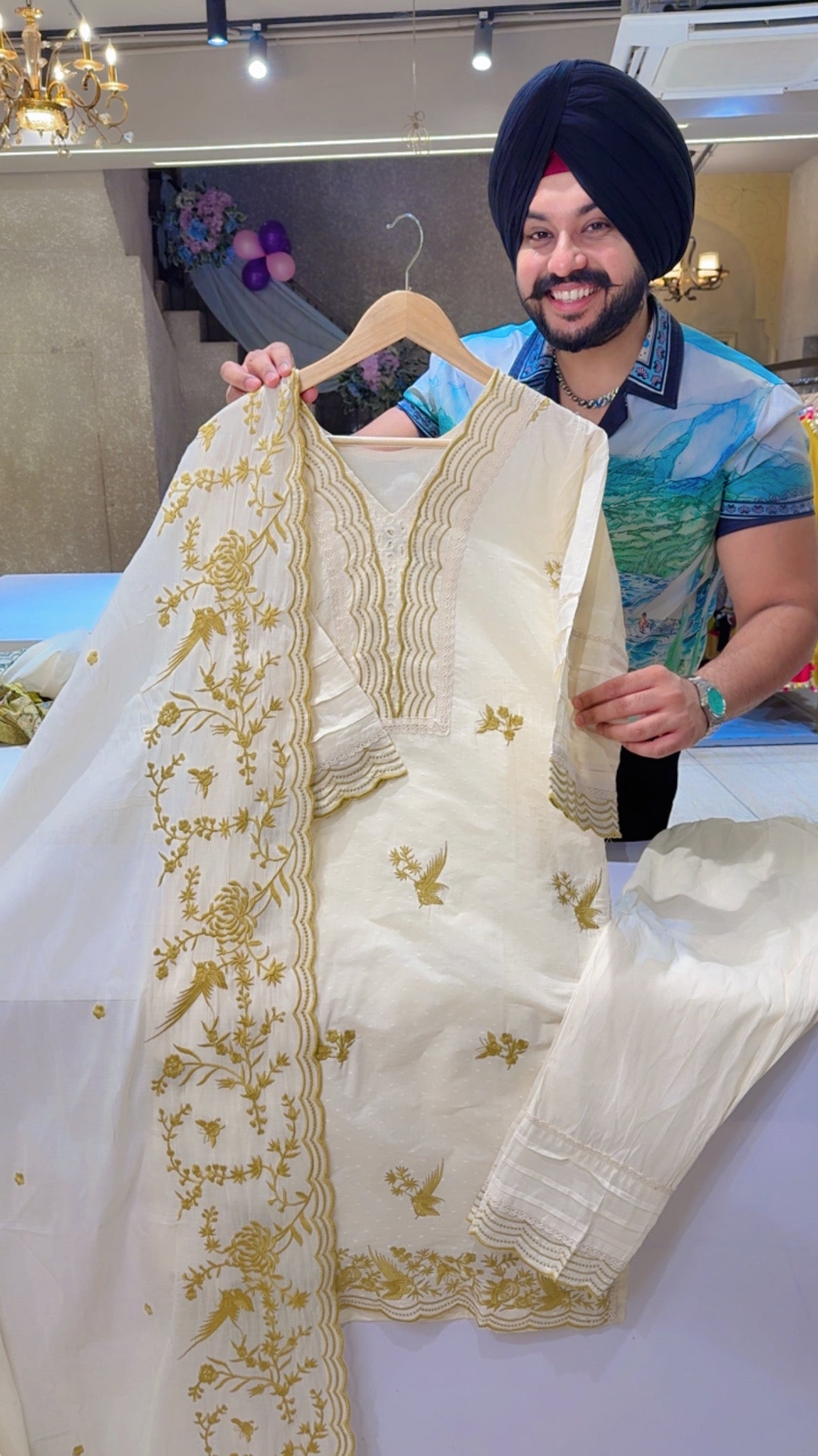 Off White & Yellow Kora Cotton Summerish Royal suits With Beautiful embroidery on It