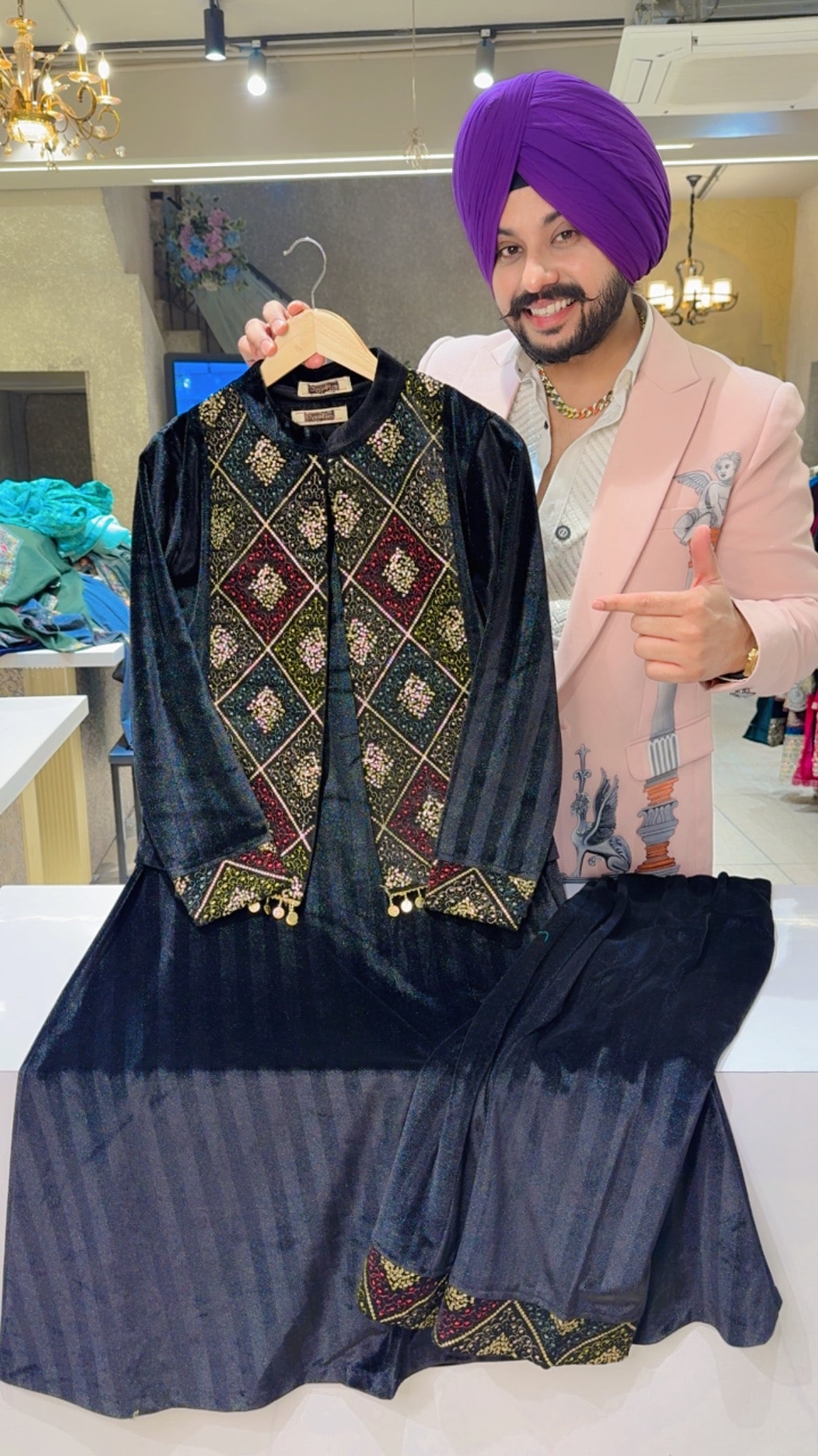 Black Strechable Velvet long Length A-line Coord set with Heavy embroidered & sequins Work Short Jacket