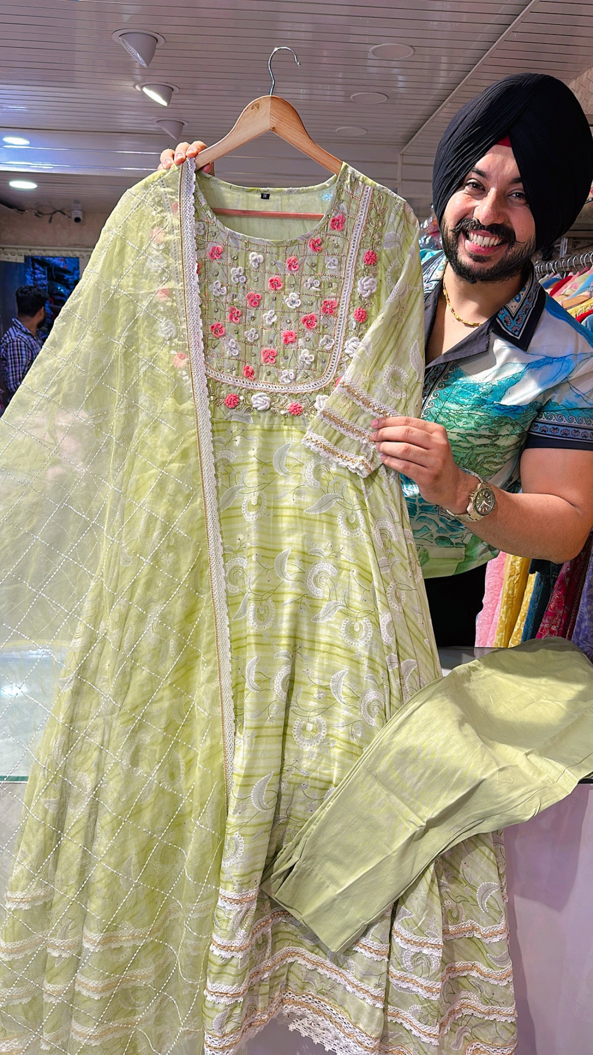 Light Green Mal Corton Hand embroidered Anarkali Suit