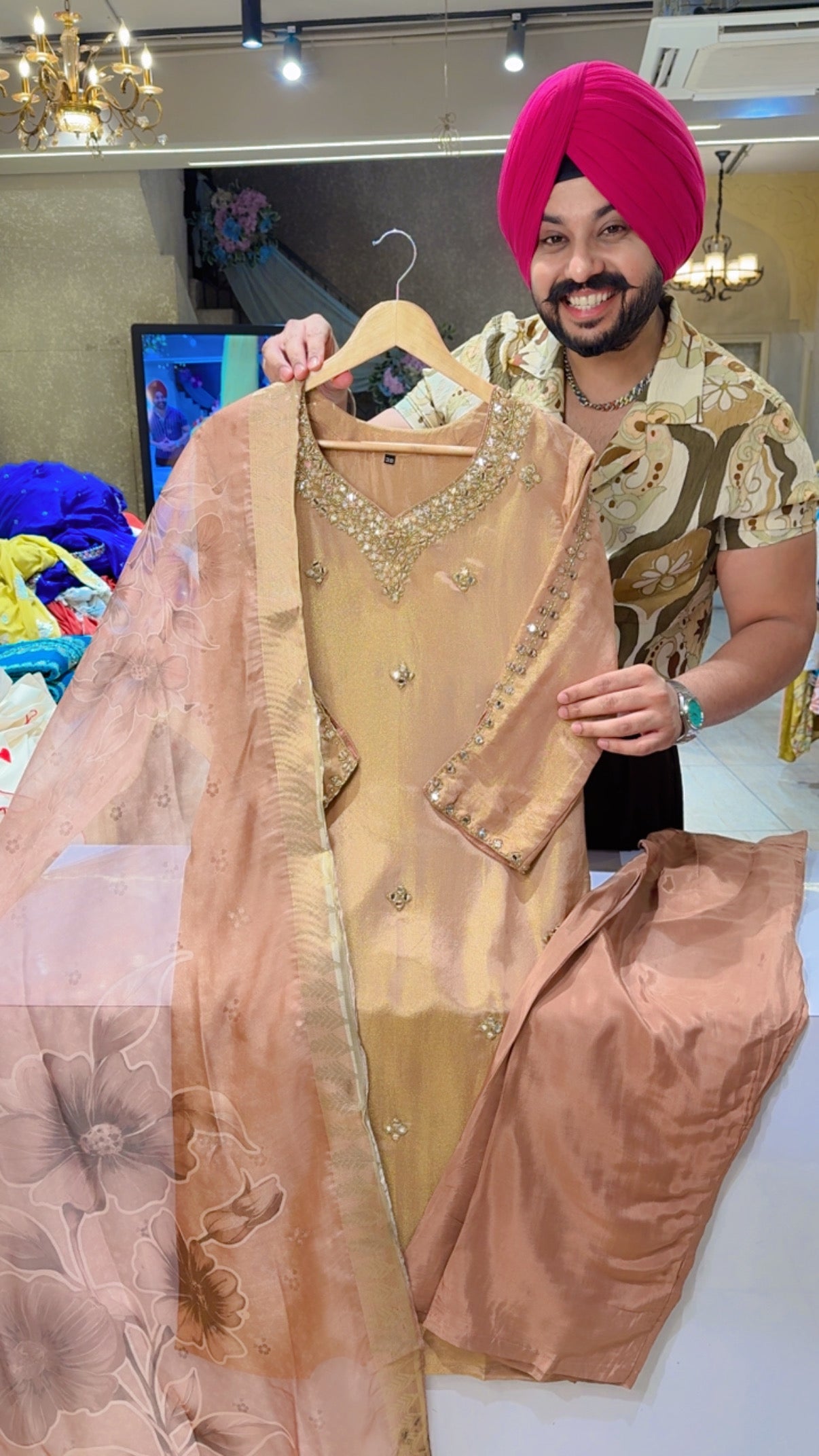 Nude Brown Shimmer silk Hand embroidered Party wear suit