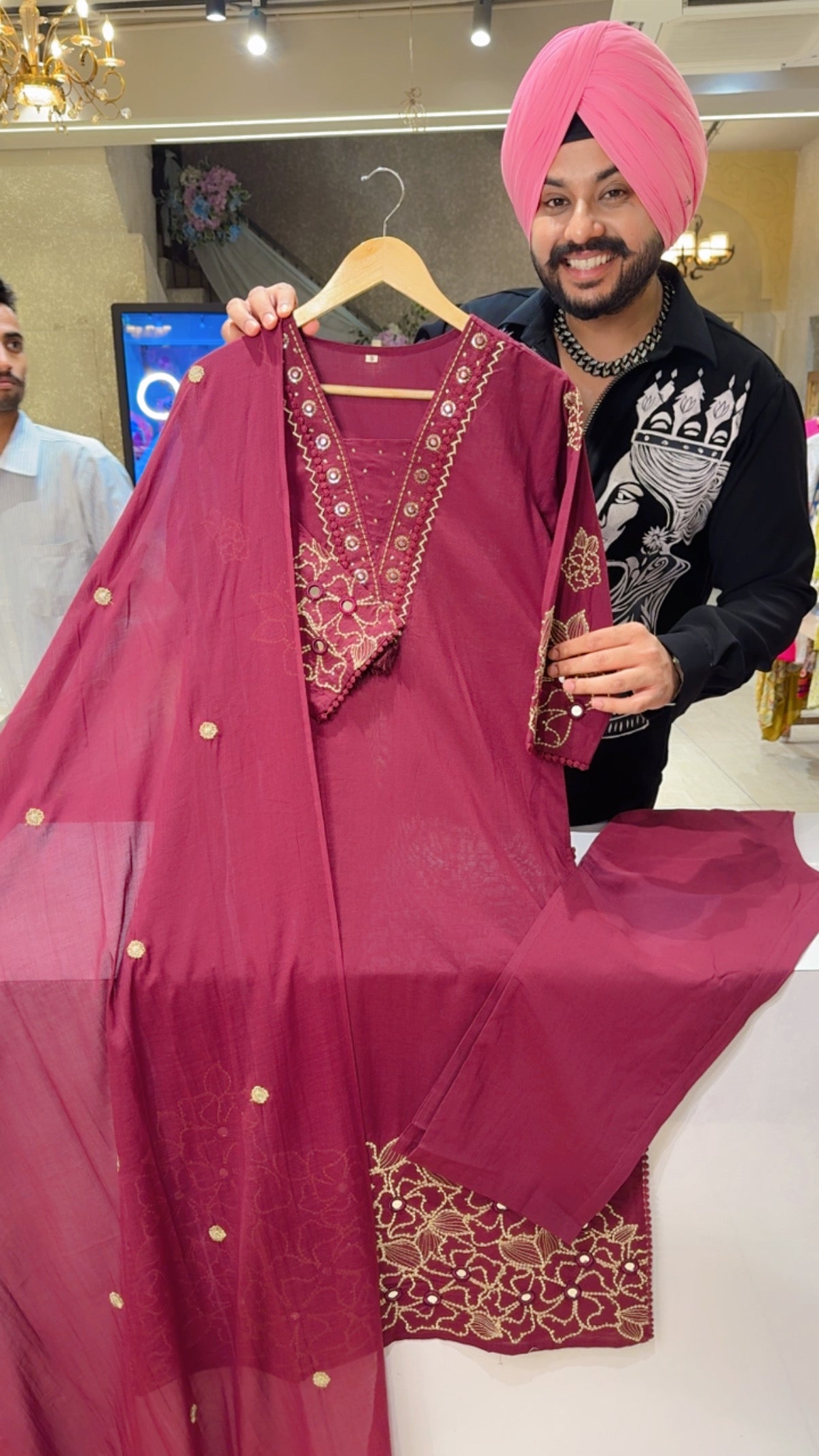 Winish Maroon Soft Cotton Semiformal Straight Suit with Heavy Embroidery work on sleeves & Border