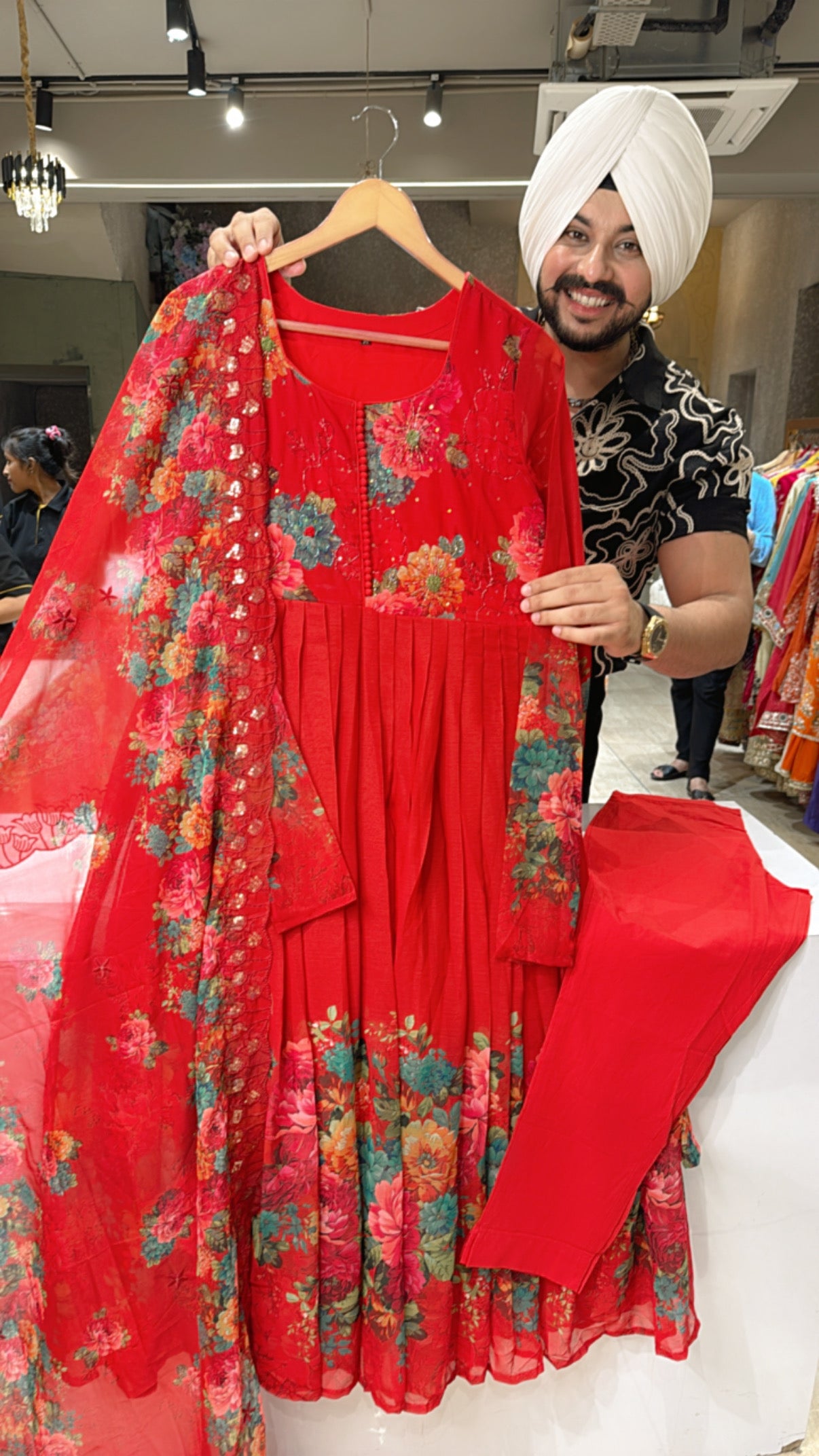 Vibrant Red Soft Chiffon Floral Print Hand Embroidered Anarkali Suit with Beautiful Sequins work Organza Duppata