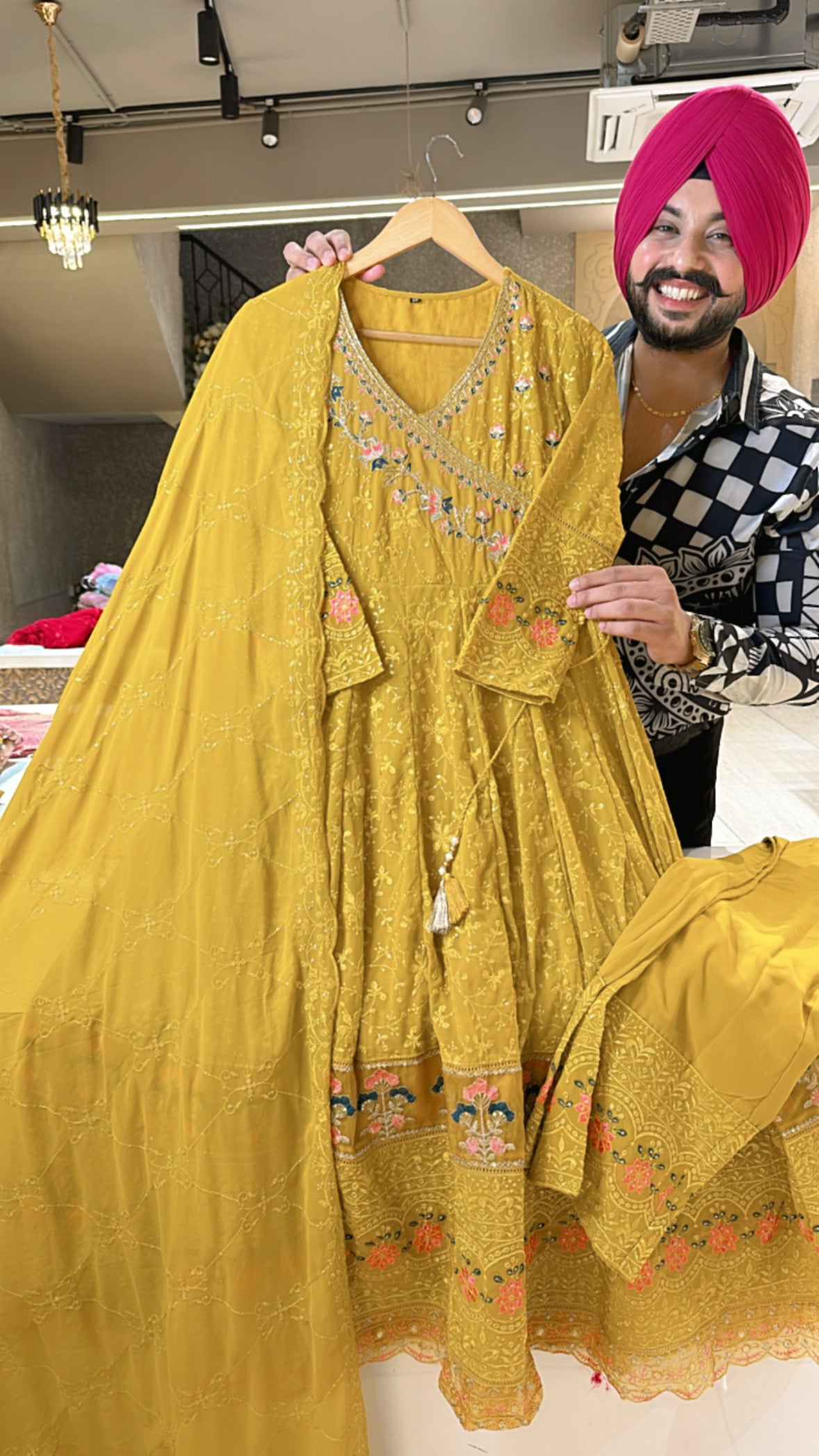 Yellow Georgette Fully embroidered Angrakha Anarkali suit with Heavy border, pants $ Duppata