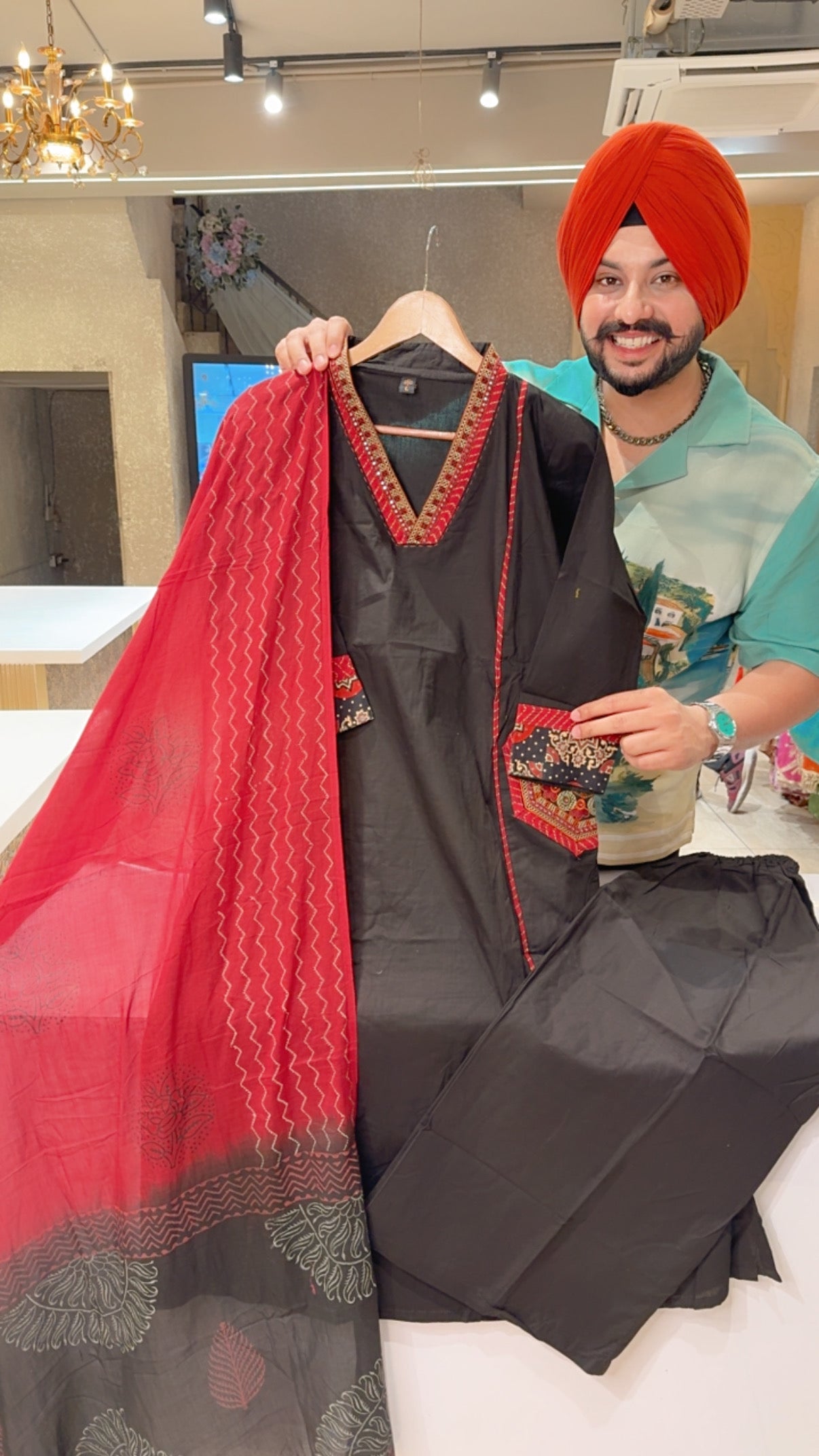 Black Pure Cotton A-line Plazo Suit with Beautiful Embroidery Work on neck & pockets