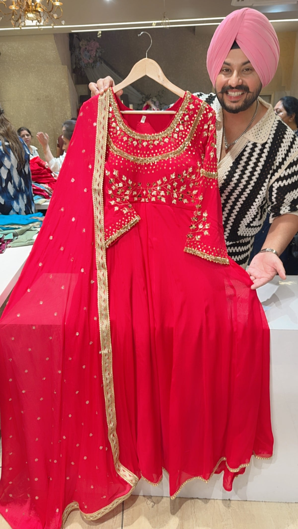 Gajri Pink Chinon Hand Embroidered & Pearl Work Padded Full Flair Anarkali Gown