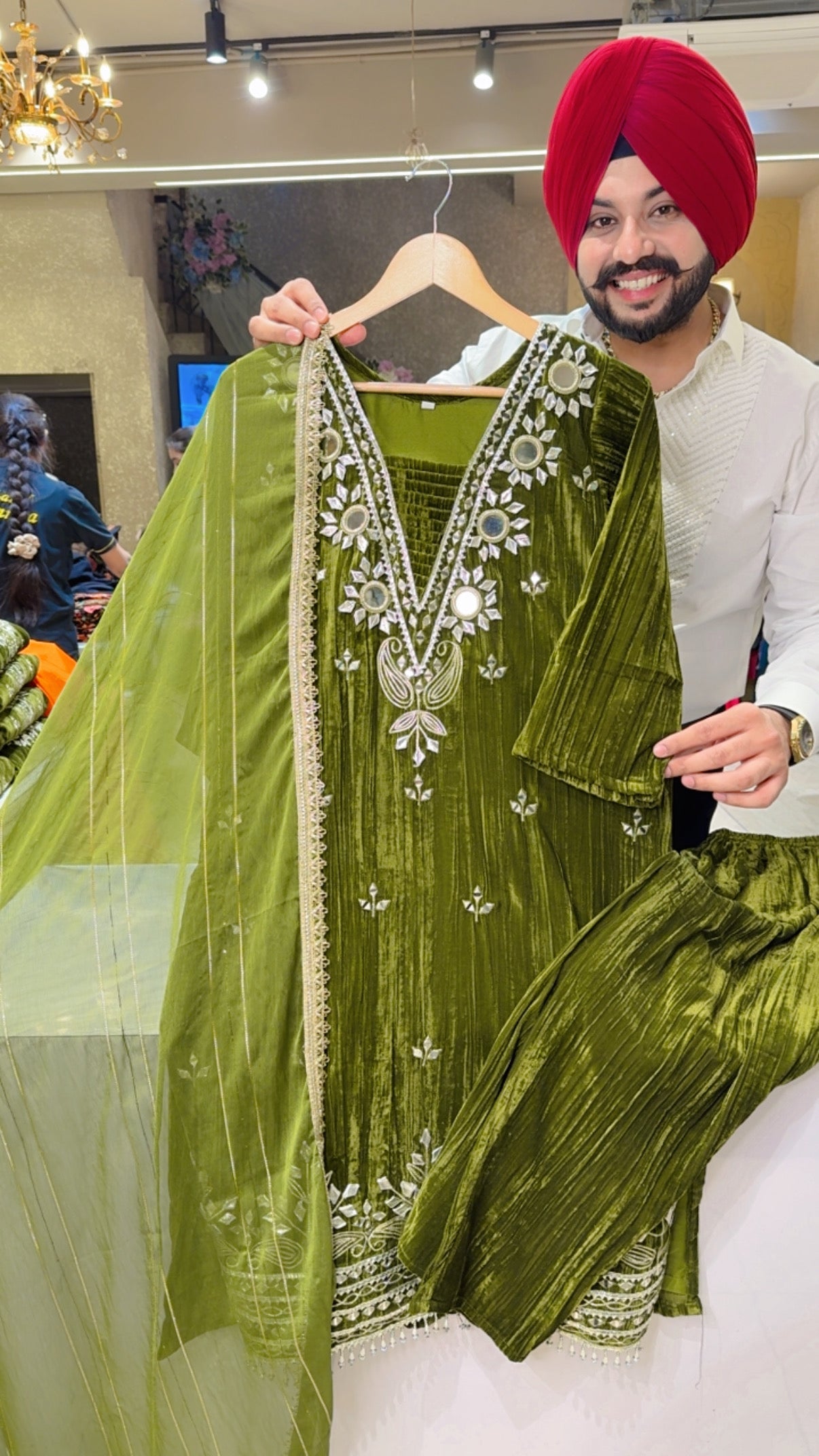 Mehendi Green Crush Velvet Mirror & Gotta Work Straight Suit with Beautiful Chiffon Duppata