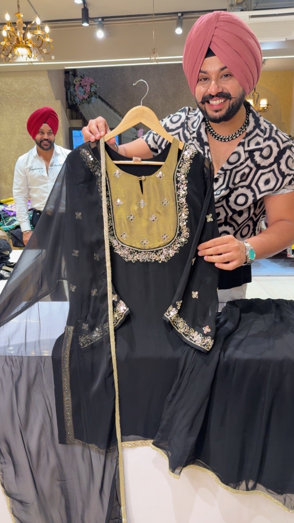 Black Georgette Hand embroidered & Mirror Work Designer Neck Partywear Sharara set