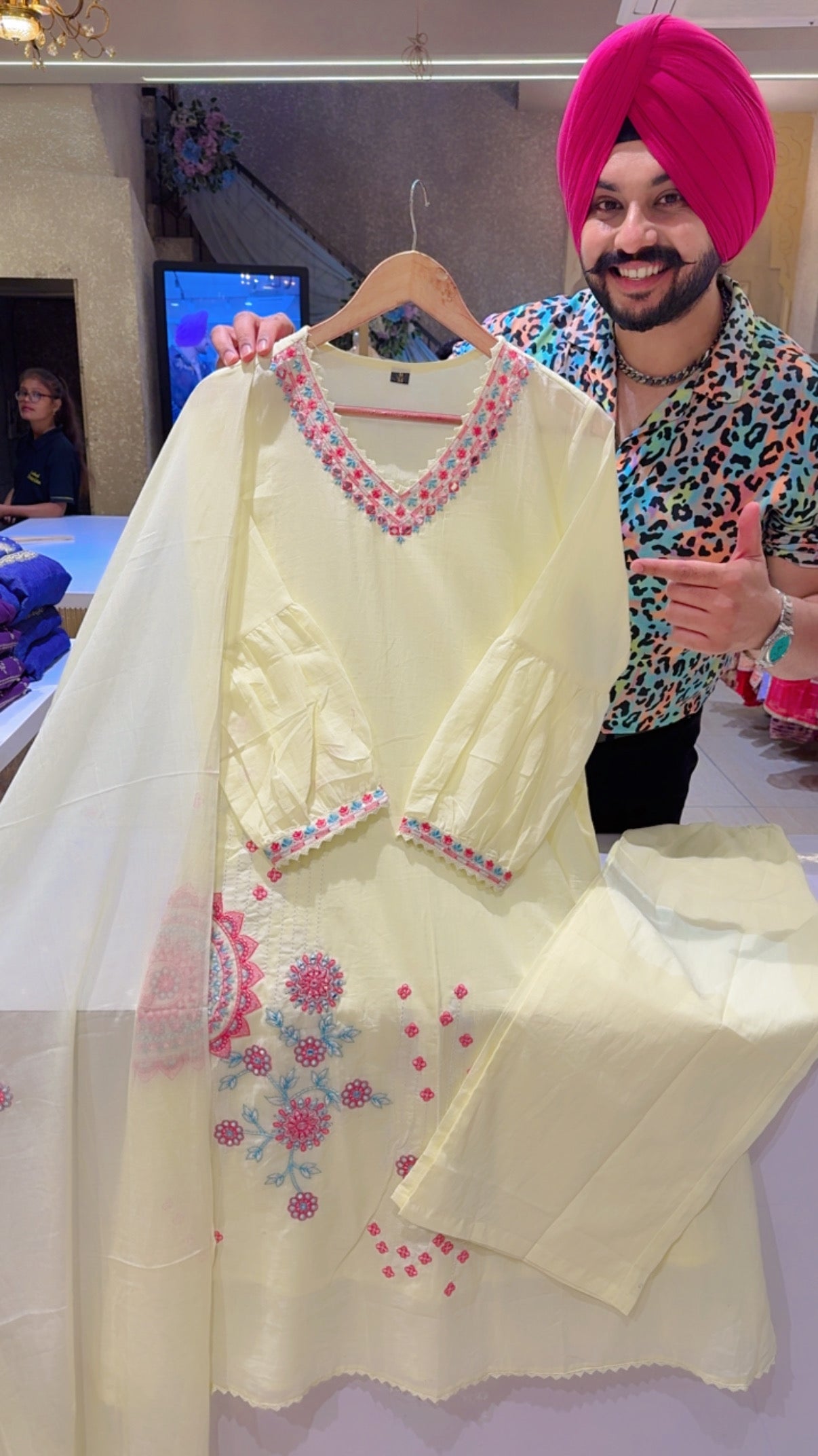 Light Lemon Mal Cotton Embroidered A-line Suit with Beautiful Embroidered Duppata