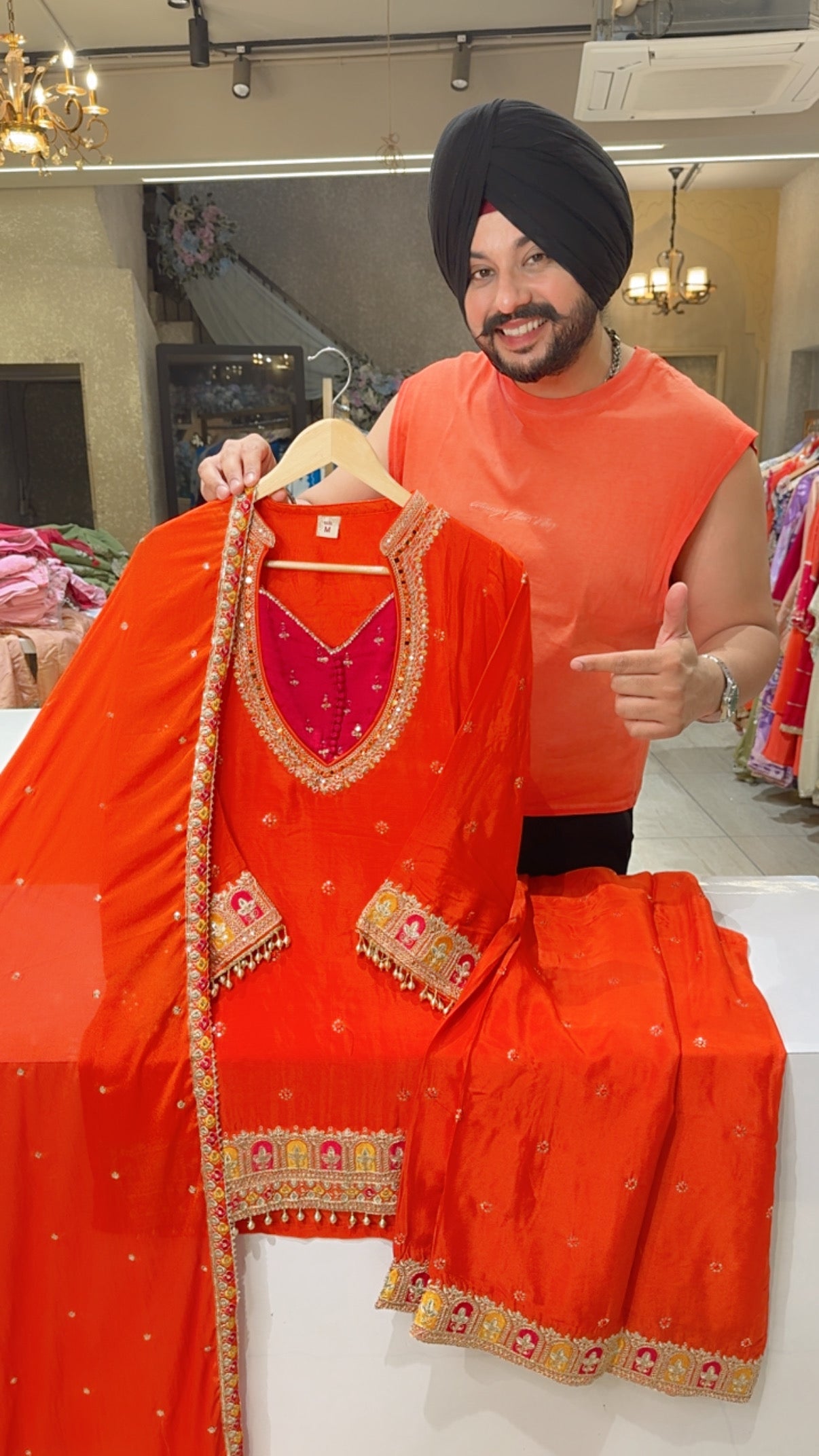 Orange Chinon Designer Neck Indowestern Party Wear Suit