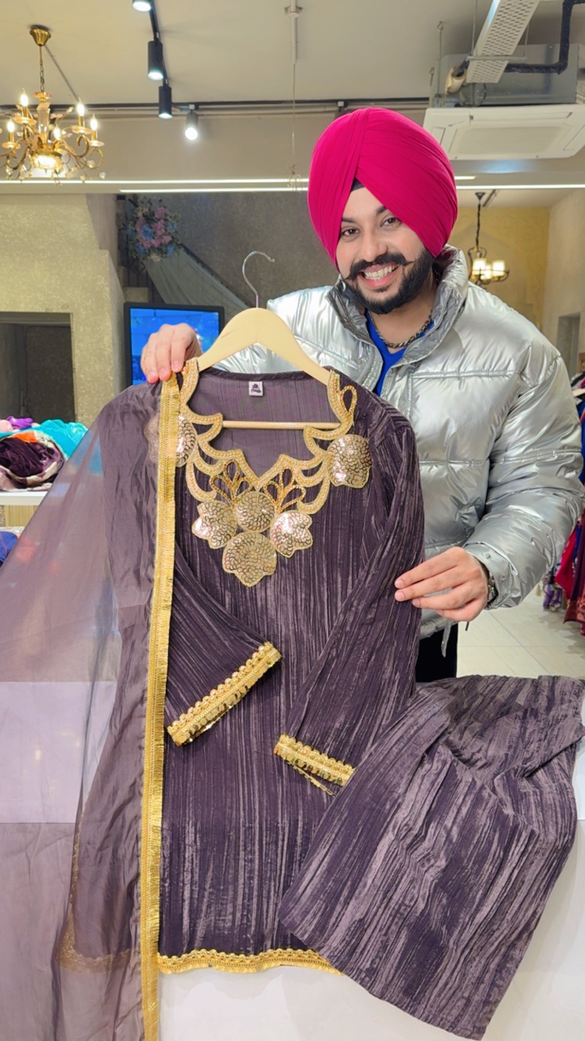 English Mauve Crush Velvet Indowestern party Wear suit with hand patch Work on designer neck