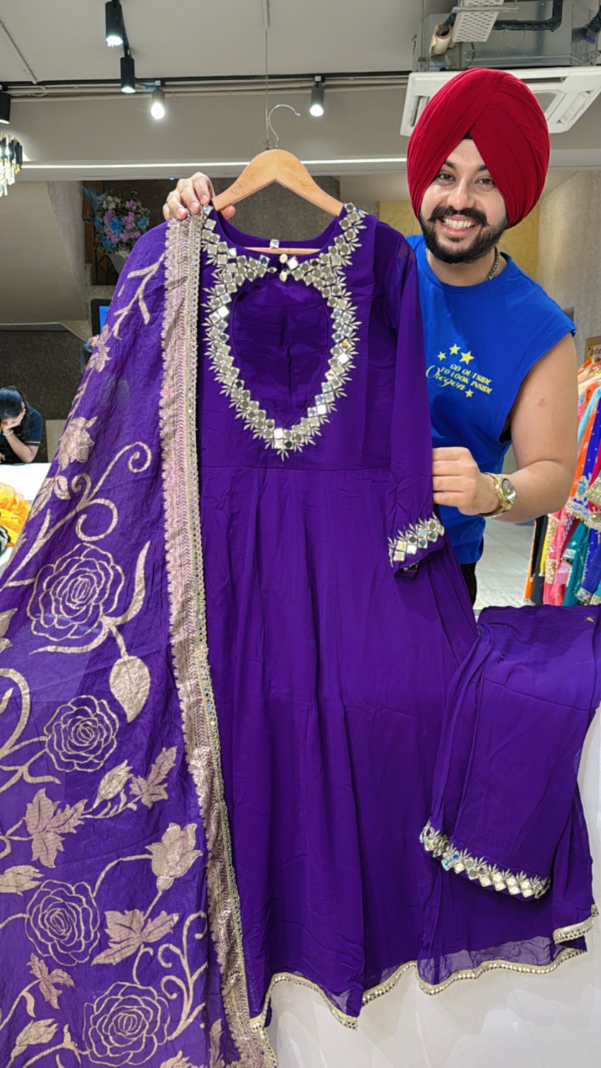 Purple Georgette Heavy Mirror work Designer neck Anarkali Suit with Beautiful Banarasi look Duppata