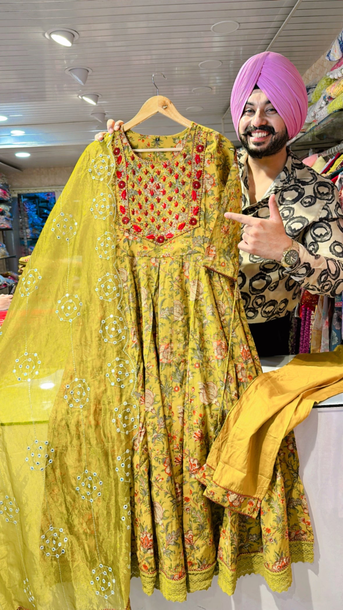 Yellow Muslin Silk hand Embroidered Anarkali Suit with Beautiful Organza Duppata