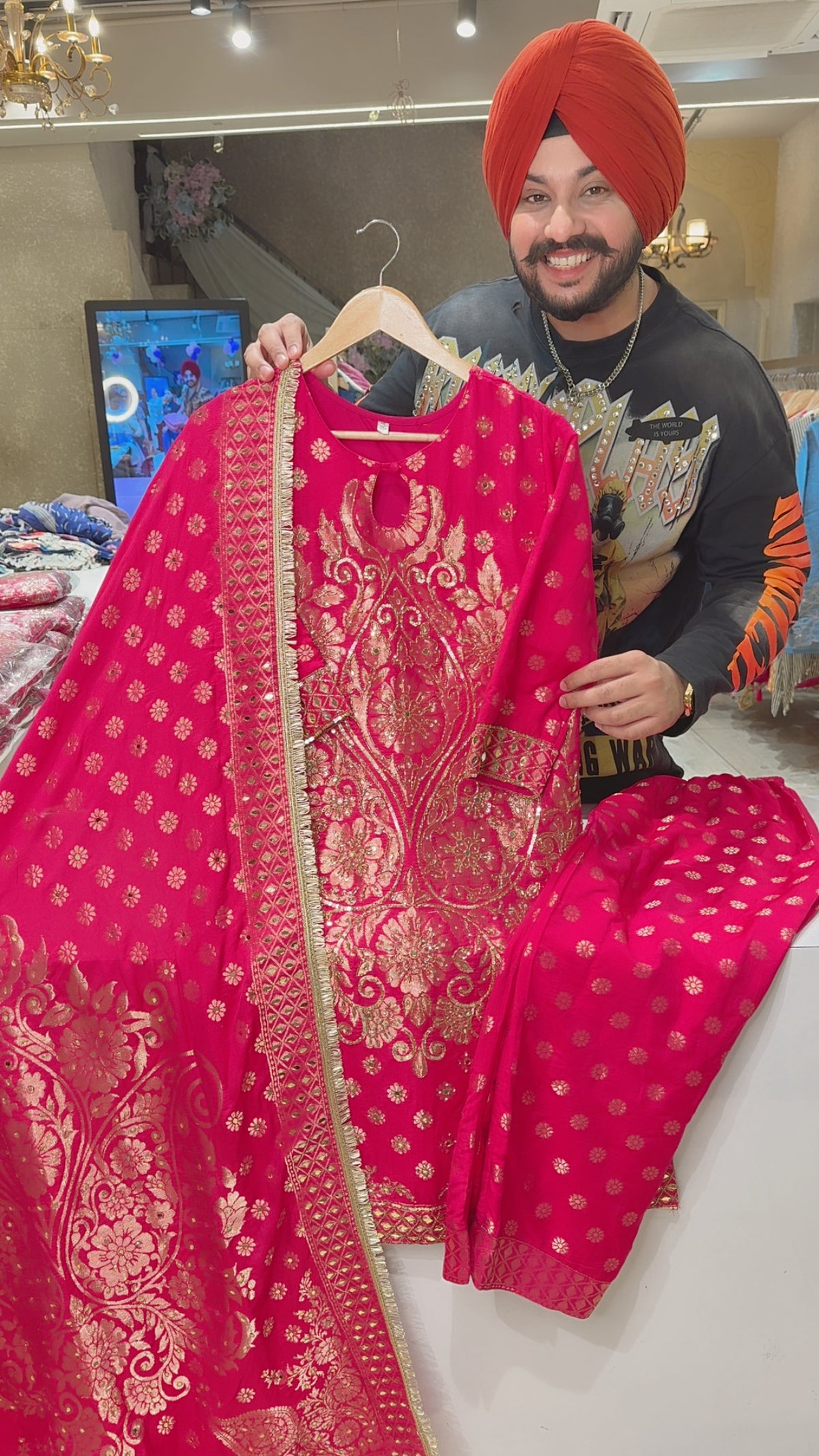 Rani Pink Banarasi Silk Heavy Hand embroidered wedding Wear Straight Suit with Beautiful Duppata